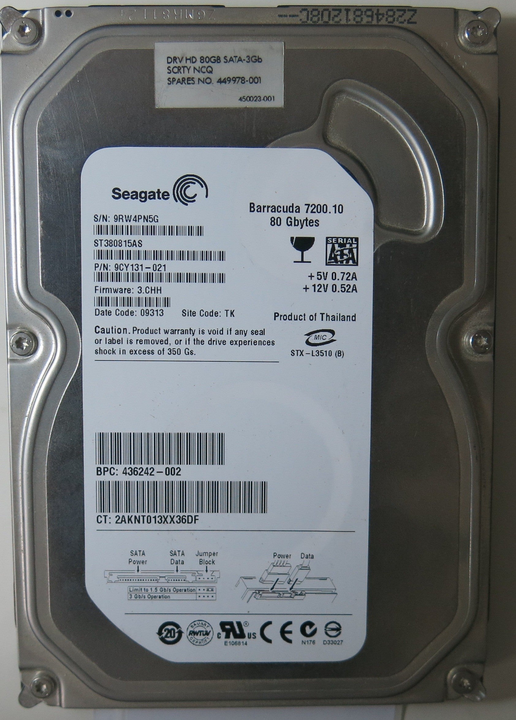 ST380815AS PCB: 100428473 REV C SERIAL NUMBER: 9RW4PN5G PN 9CY131-021 FW 3.CHH 80GB