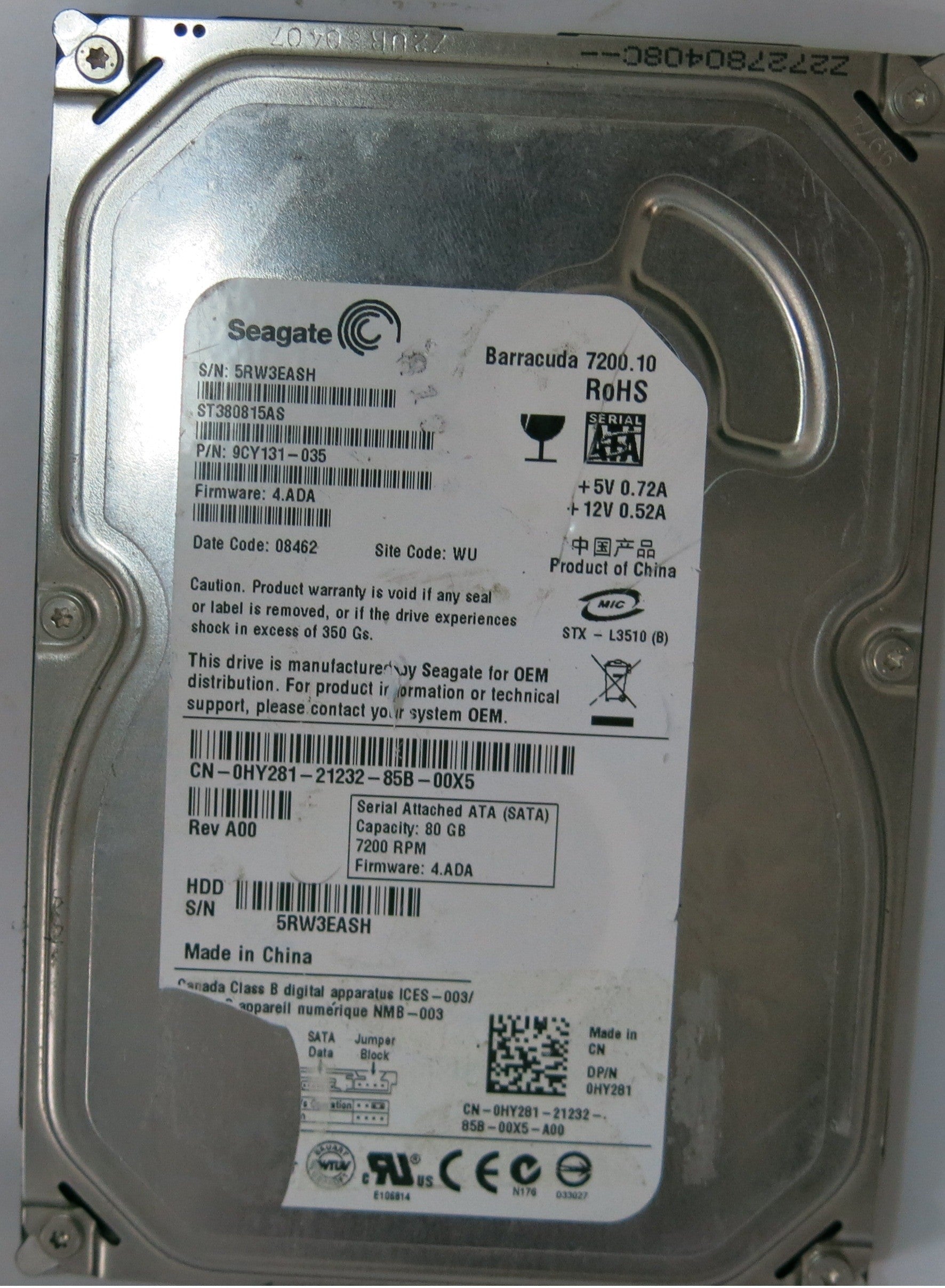ST380815AS,  P/N:9CY131-035,  FW:4.ADA,  Serial:5RW3EASH,  80GB 3.5,  PCB:100470387- REV B