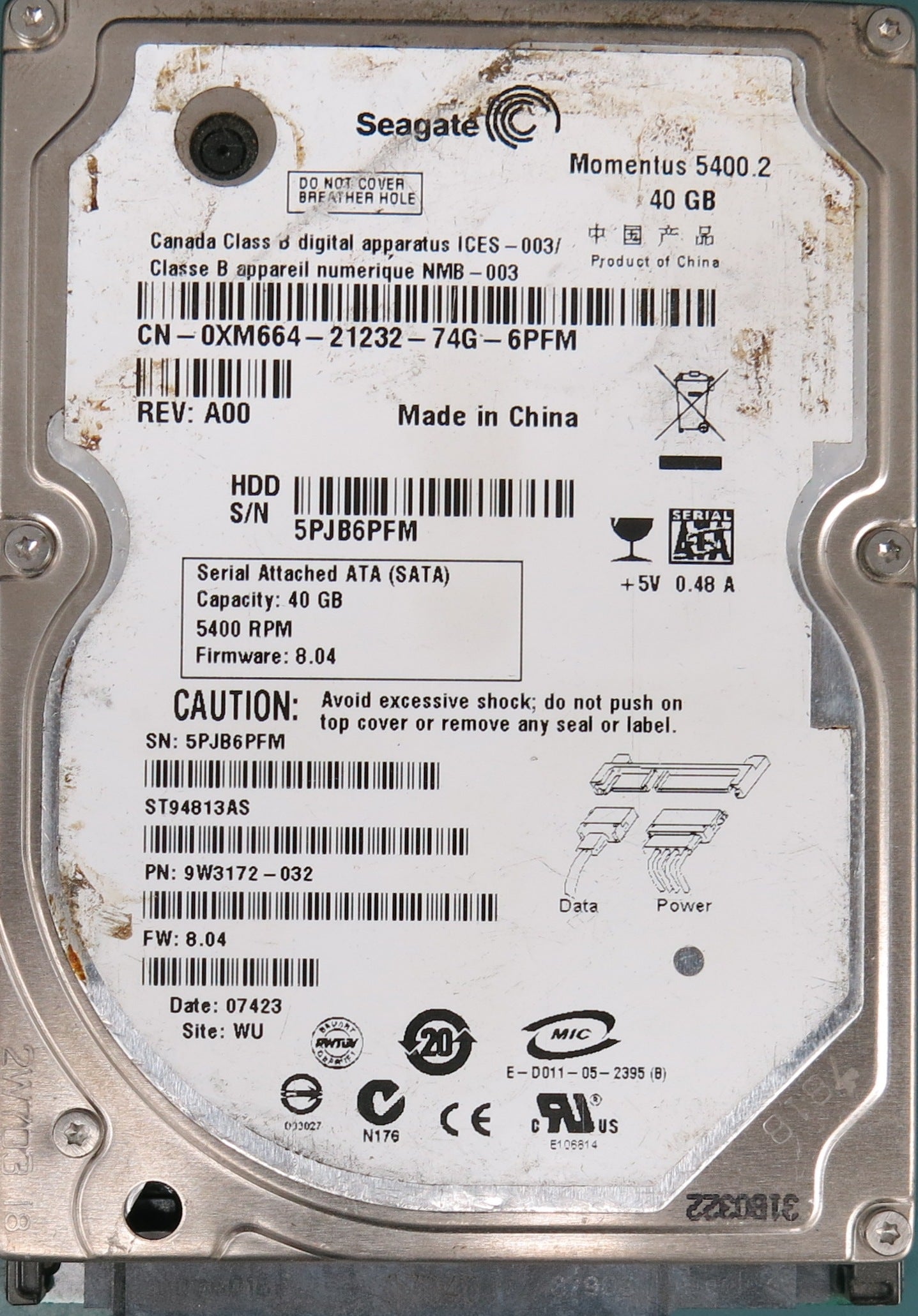 ST94813AS, P/N:  9W3172-032, FW: 8.04, 40GB 2.5