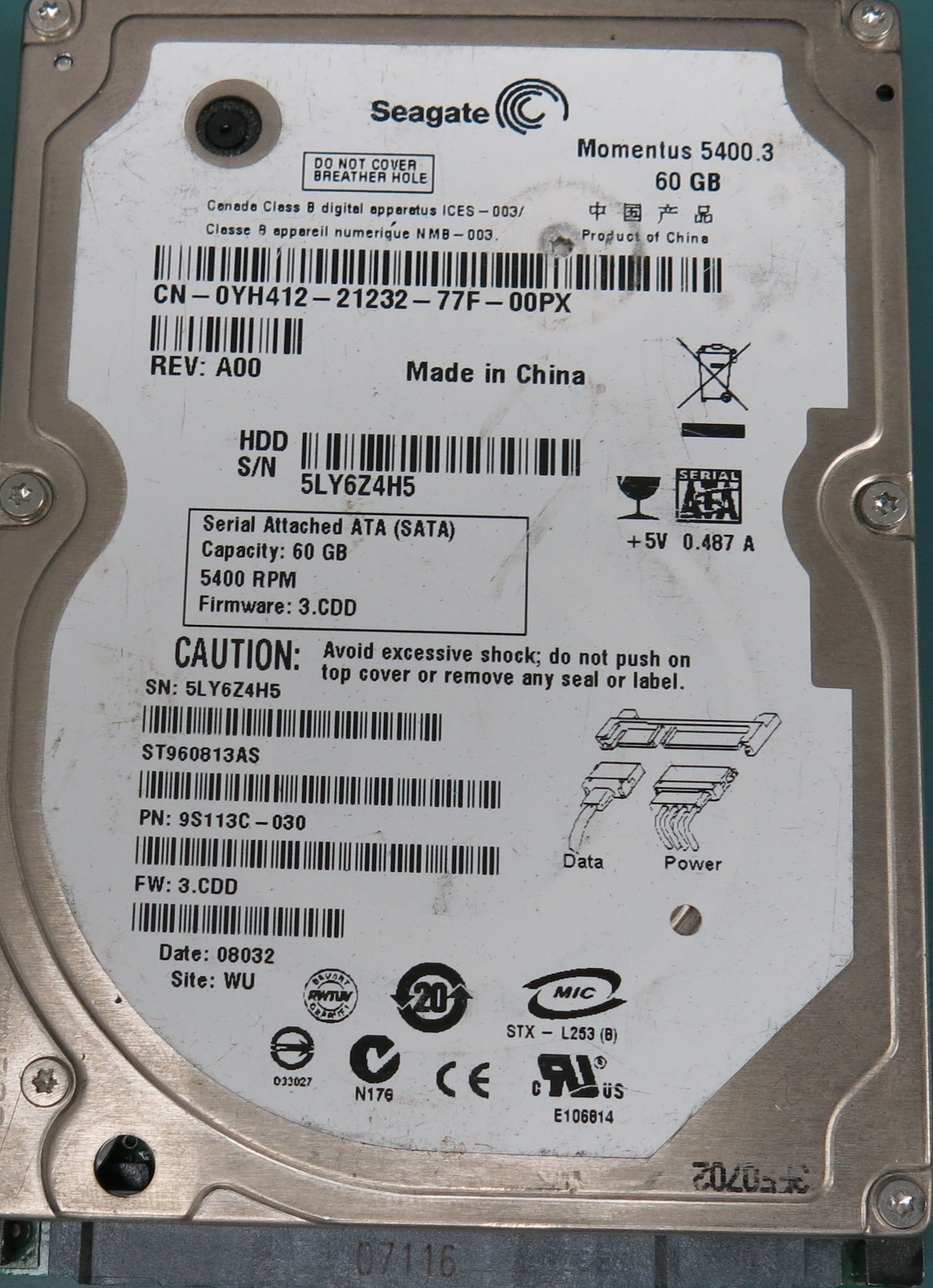 ST960813AS, P/N:  9S113C-030, FW: 3.CDD, 60GB 2.5