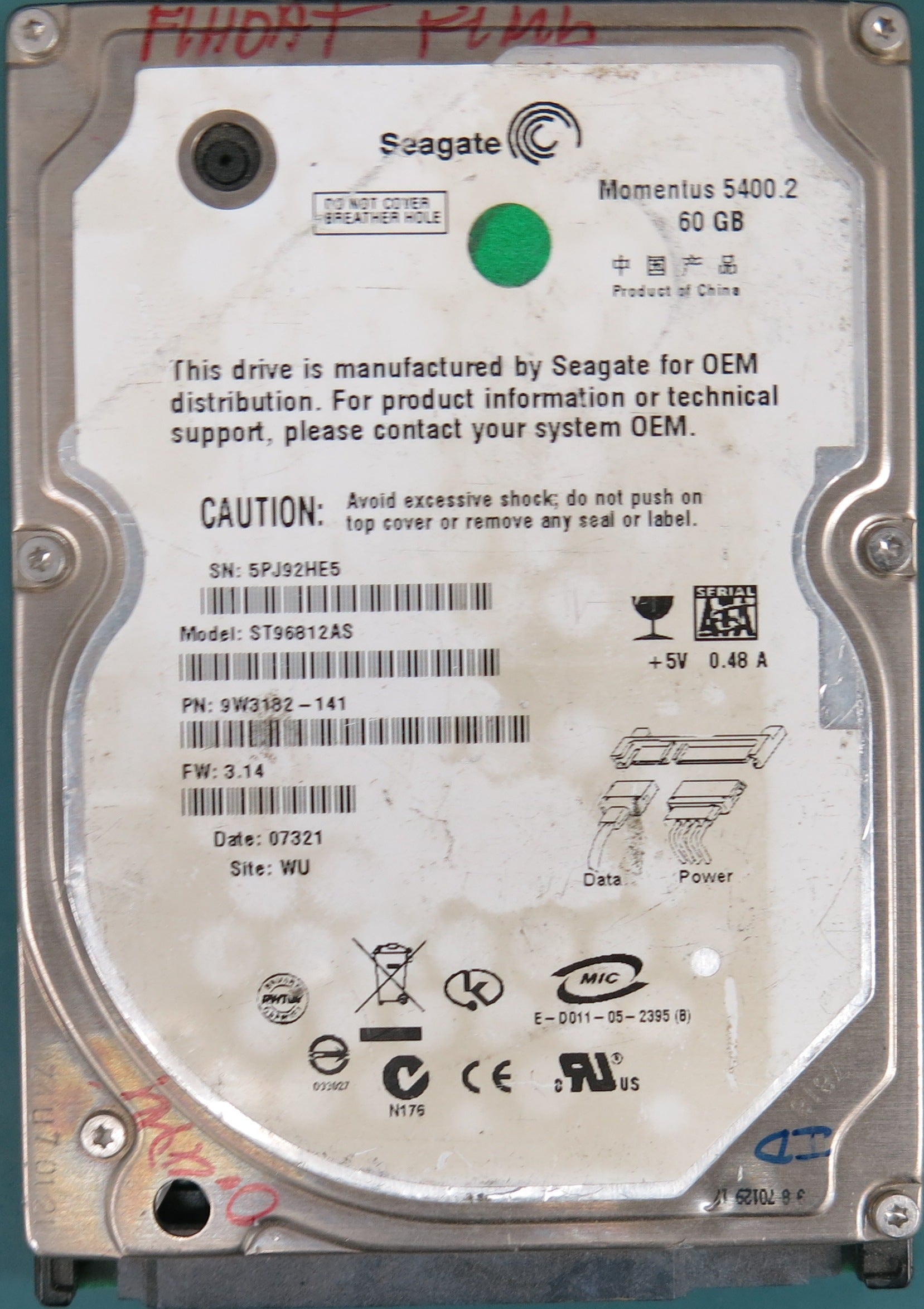 ST96812AS, P/N:  9W3182-141, FW: 3.14, 60GB 2.5