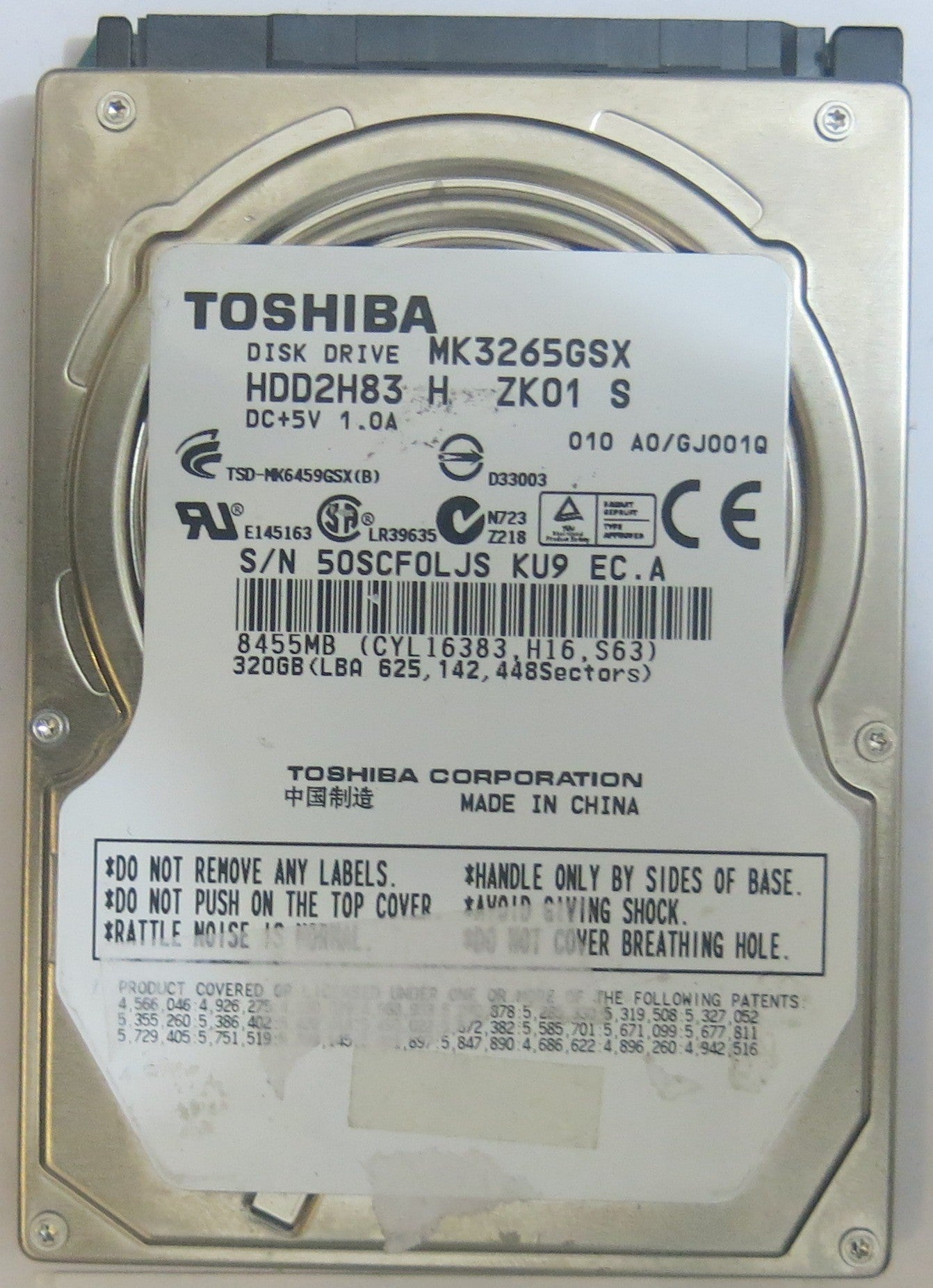 MK3265GSX,  PCB: G002641A,  SERIAL NUMBER: 50SCF0LJSKU9,   320GB 2.5 ,