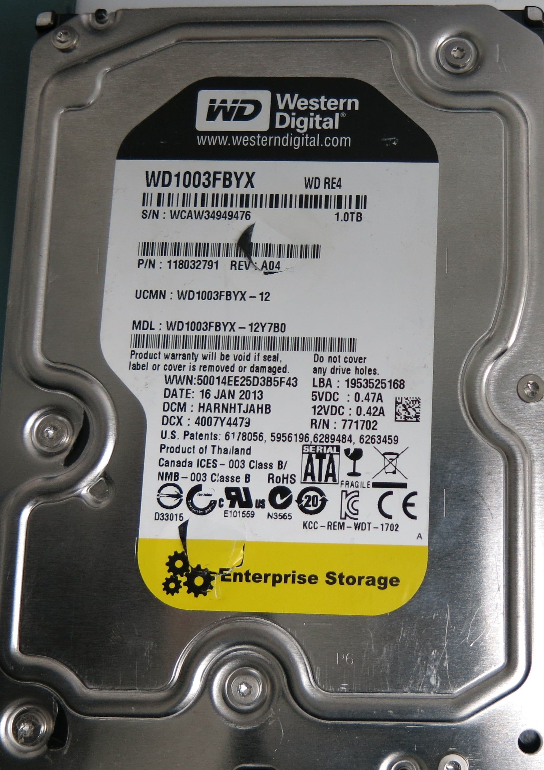 WD1003FBYX-12Y7B0, DCM HARNHTJAHB, 1.0TB 3.5, PCB 2060-771702-001 REV A