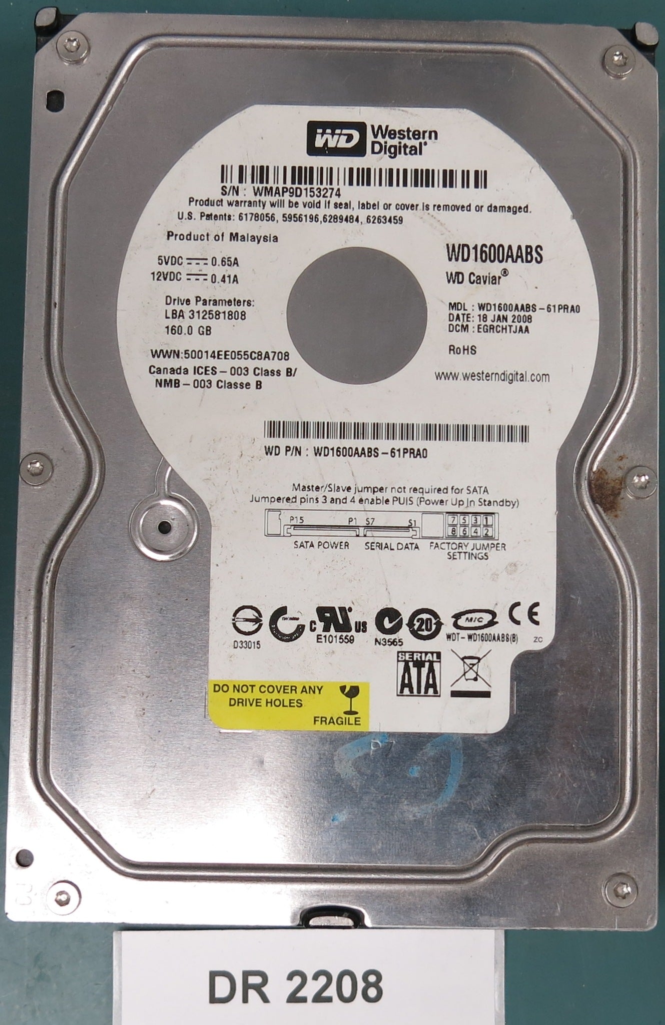 WD1600AABS-61PRA0,  SERIAL:WMAP9D153274,  160GB 3.5,  PCB 2060-701444-004 REV A