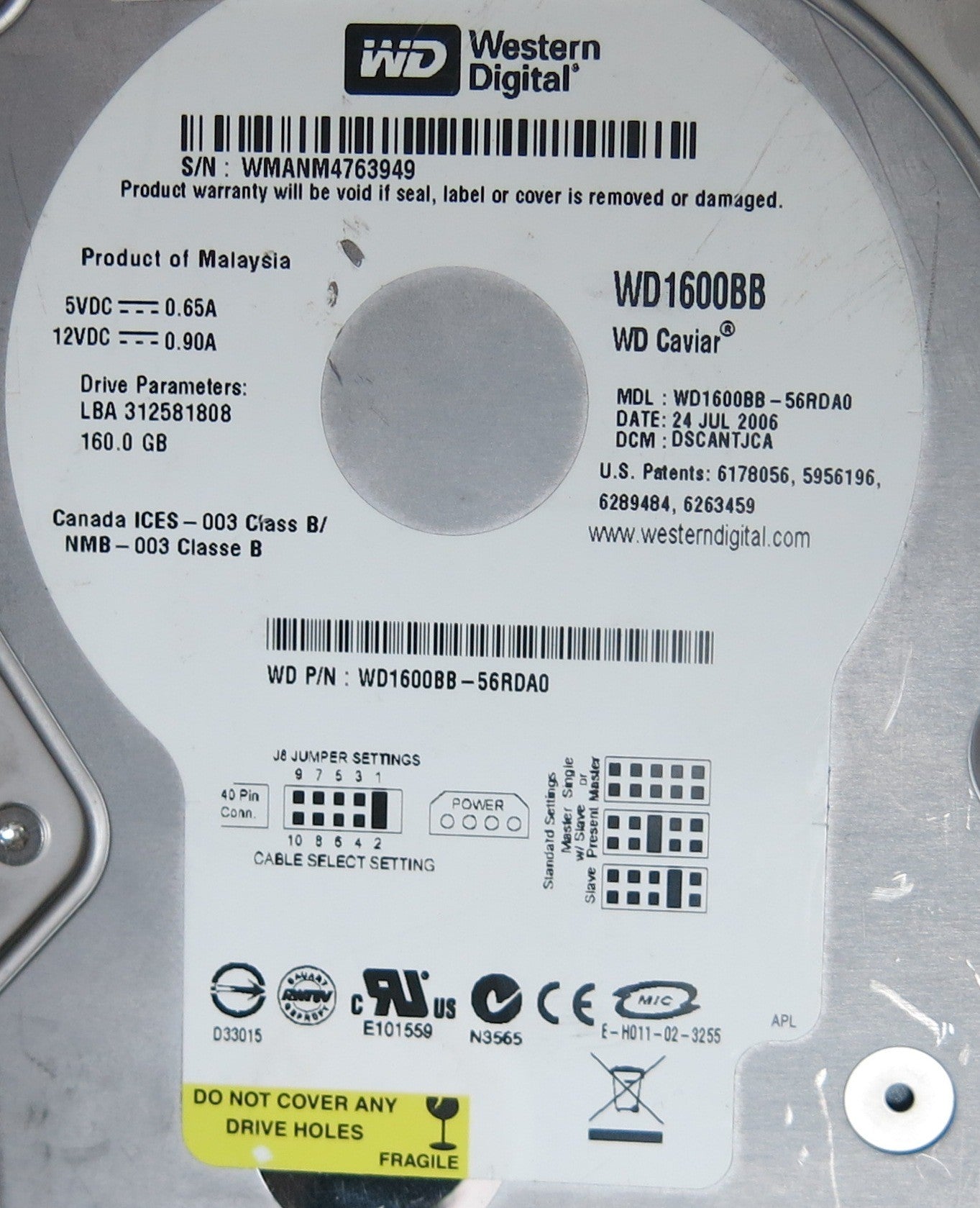 WD1600BB-56RDA0, DCM DSCANTJCA, 2060-701292-002 REV A PCB