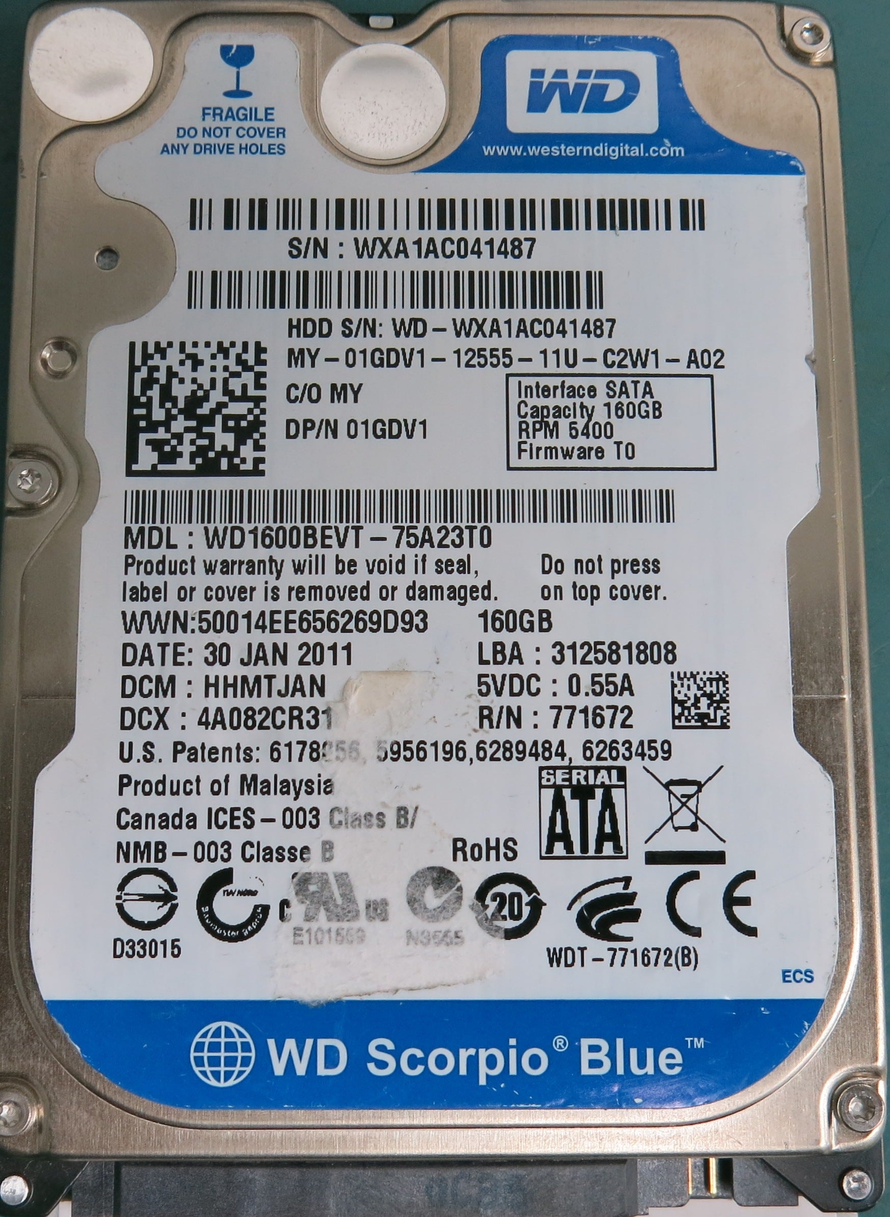 WD1600BEVT-75A23T0,  DCM: HHMTJAN,  Serial: WXA1AC041487,  160GB 3.5,  PCB 2060-771672-004 REV A