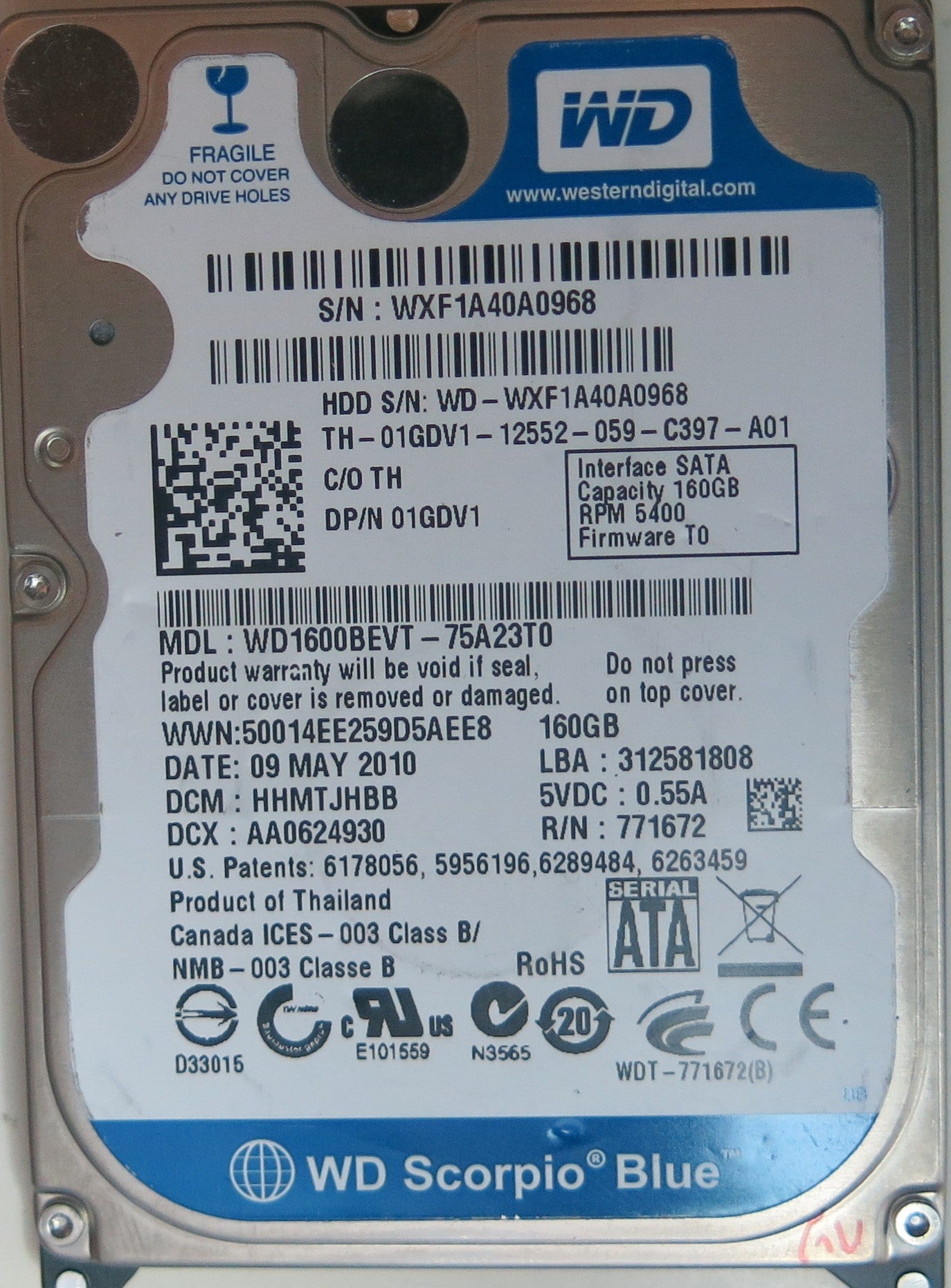 WD1600BEVT-75A23T0, DCM HHMTJHBB, 2060-771672-004 REV A PCB