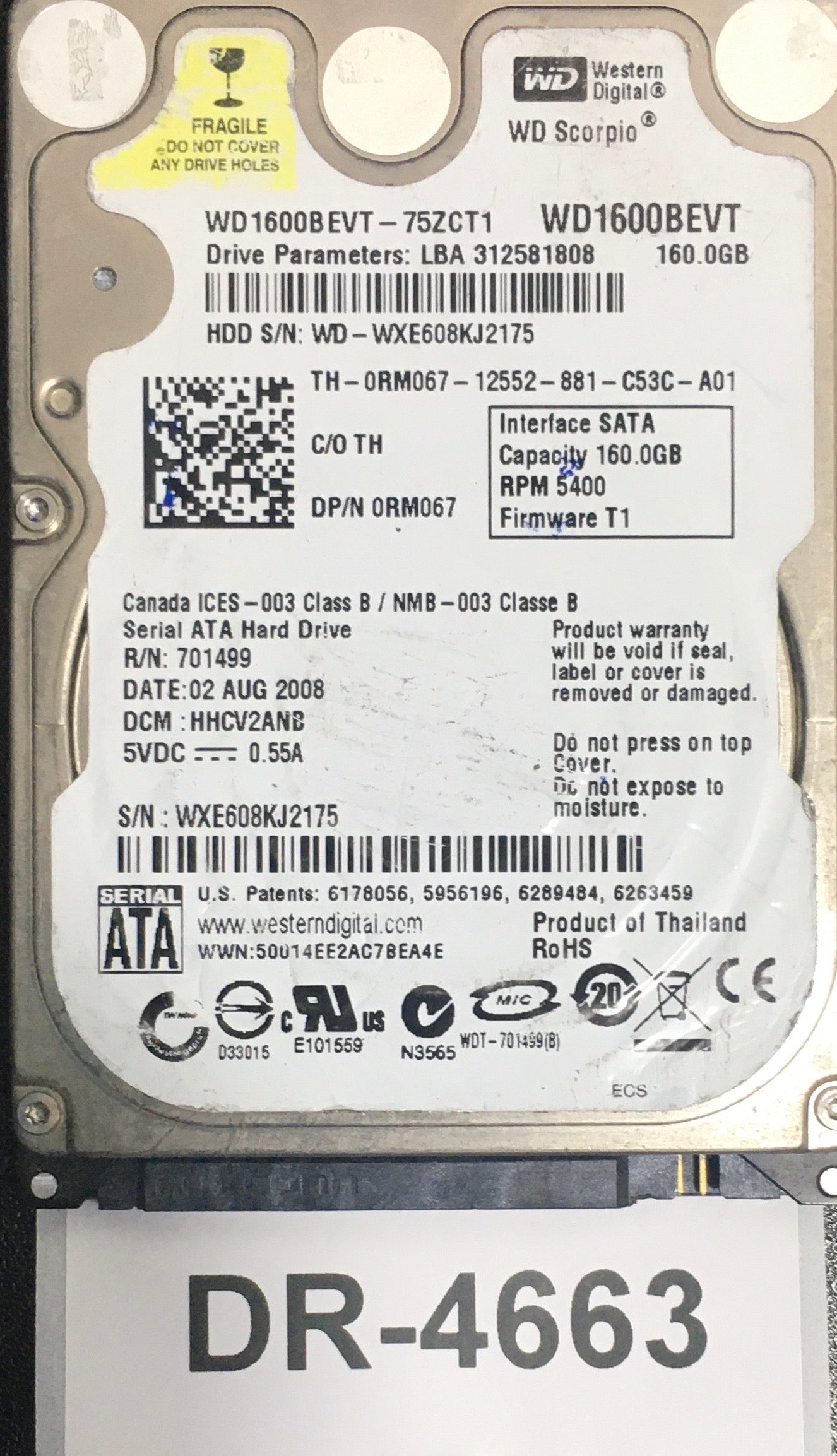 WD1600BEVT,  Serial: WXE608KJ2175,  160GB 2.5,  PCB:2060-701499-000- REV A,