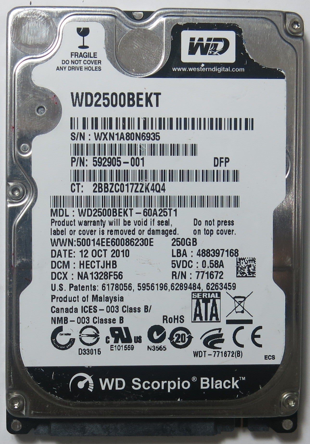 WD2500BEKT-60A25T1, DCM:HECTJHB, PCB: 2060-771672-004 REV A, SERIAL NUMBER: WXN1A80N6935,