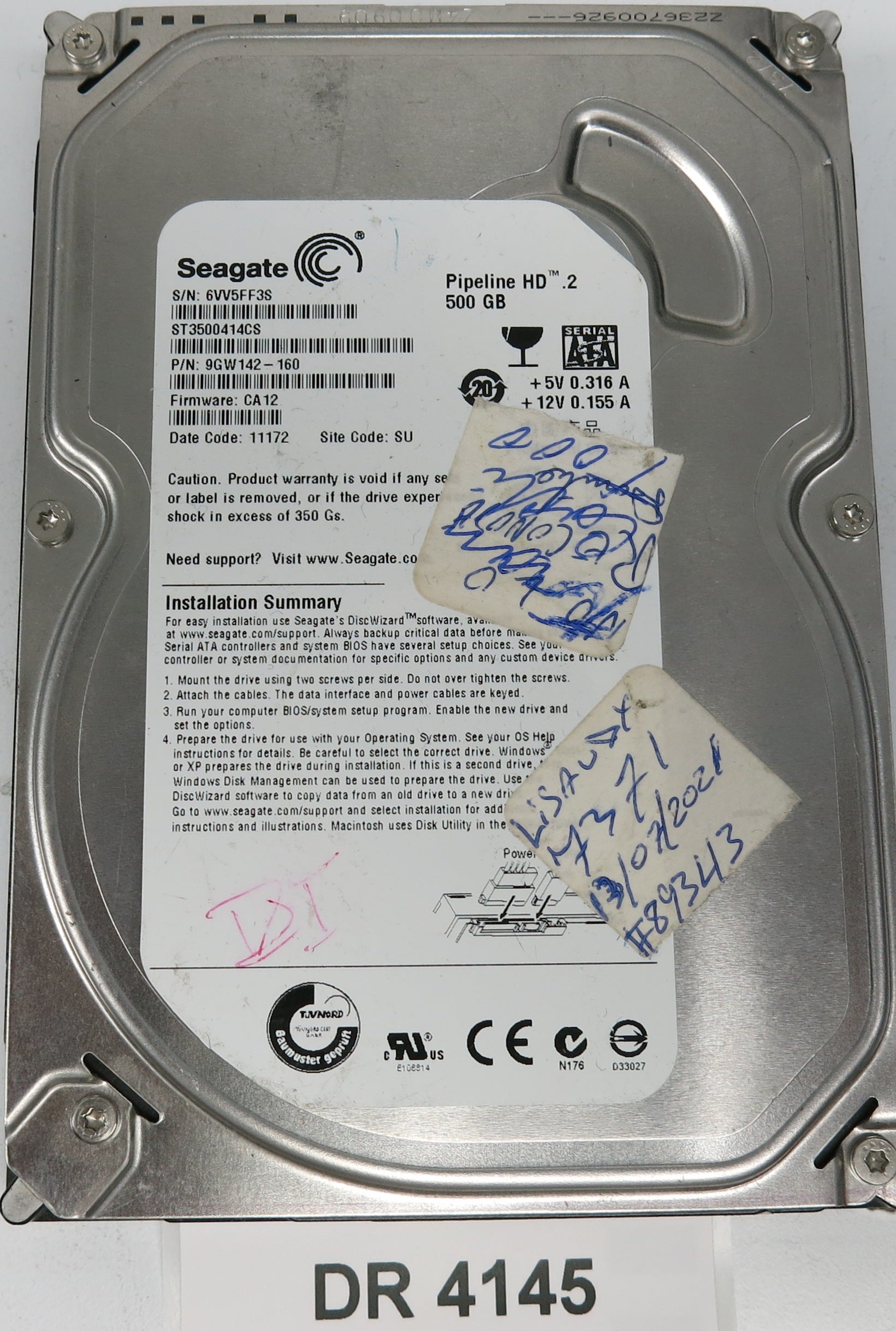 ST3500414CS,  P/N:9GW142-160,  FW:CA12,  Serial:6VV5FF3S,  500GB 3.5,  PCB:100535704- REV B