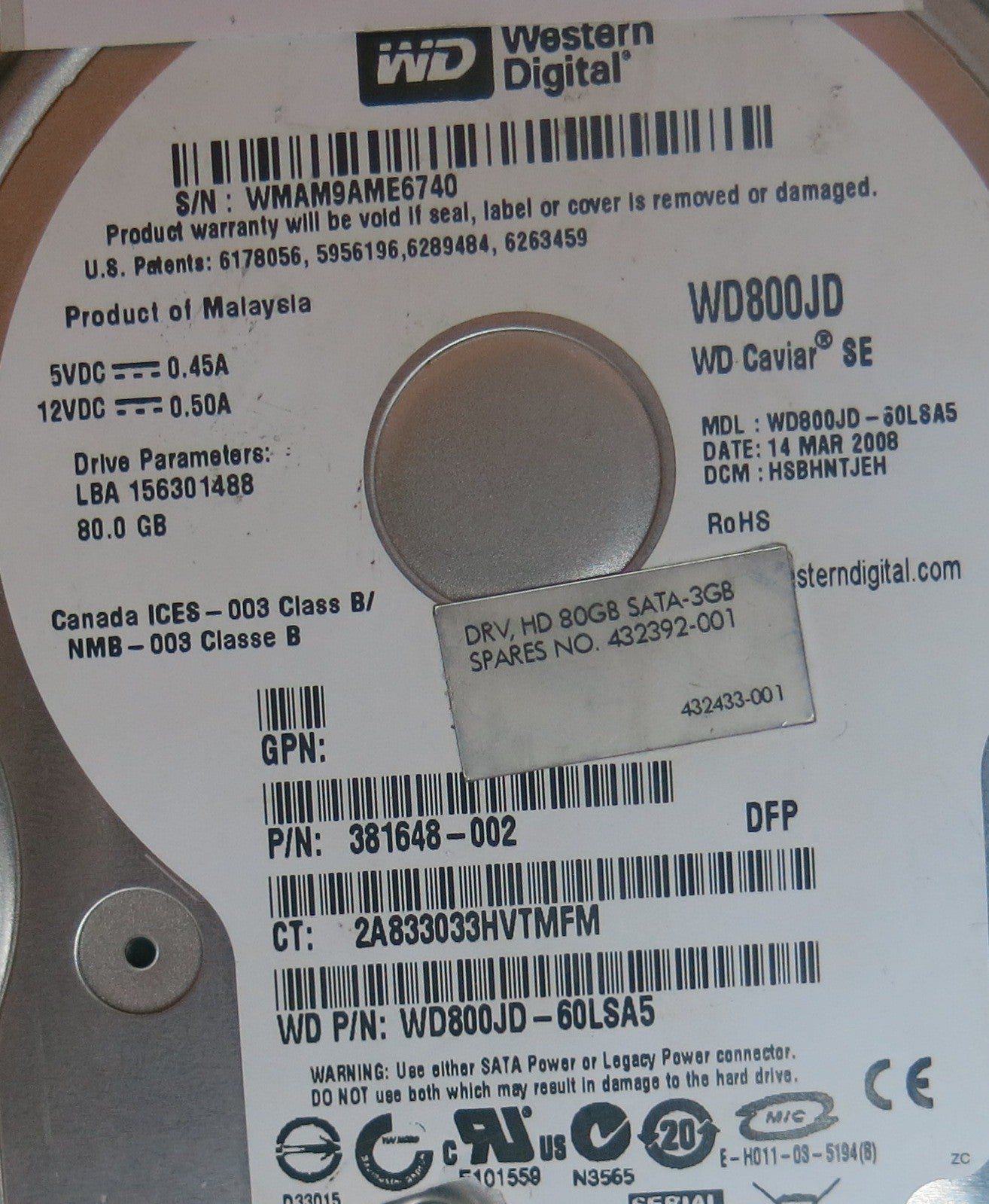 WD800JD-60LSA5, PN , DCM  HSBHNTJEH, 2060-701335-005 REV A PCB