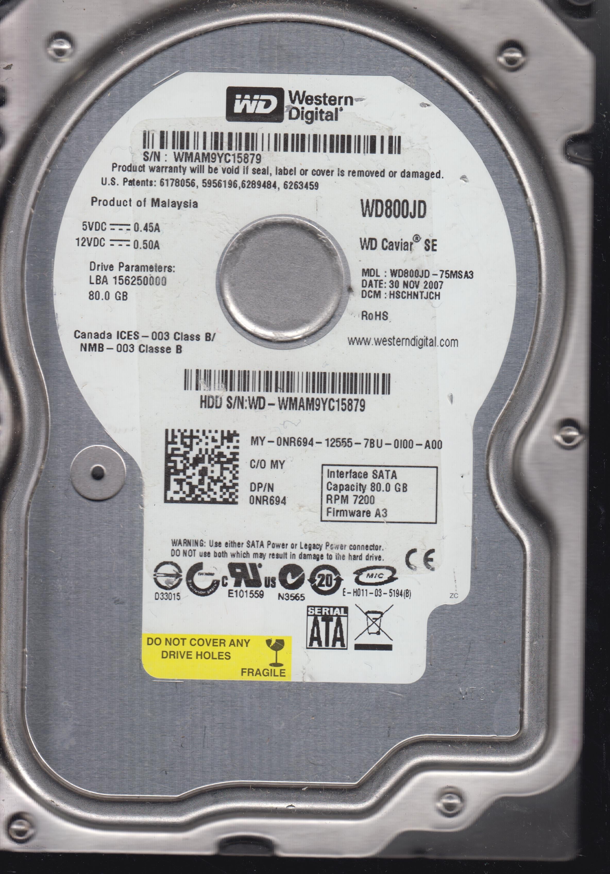 MODEL:WD800JD-75MSA3,  Serial:WMAM9YC15879,  &nbsp;PCB: 2060-701335-005 rev A  80GB 3.5
