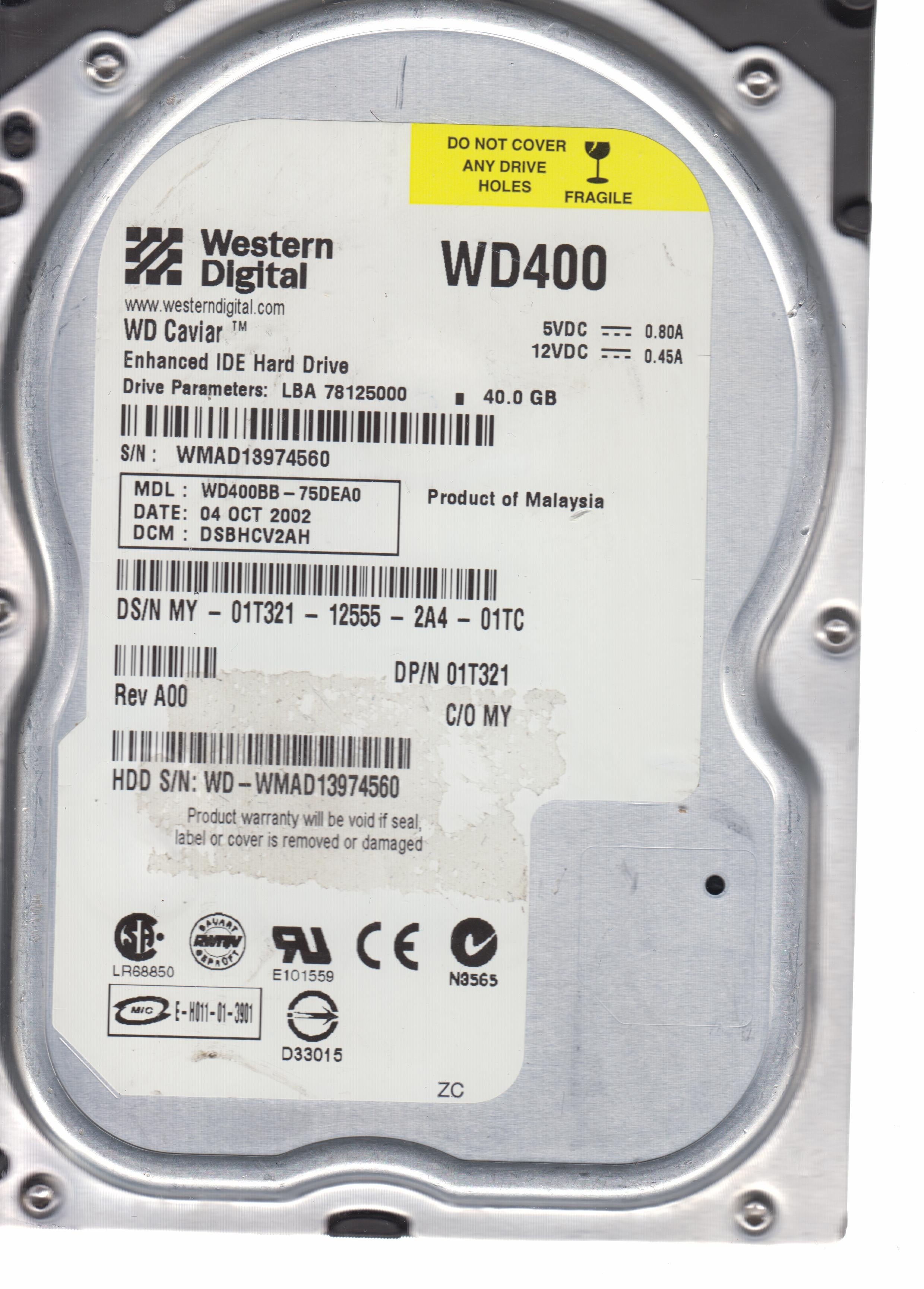 Model: WD400BB-75DEA0,  Serial:WMAD13974560,  40GB 3.5,  PCB: 2060-001129-001,