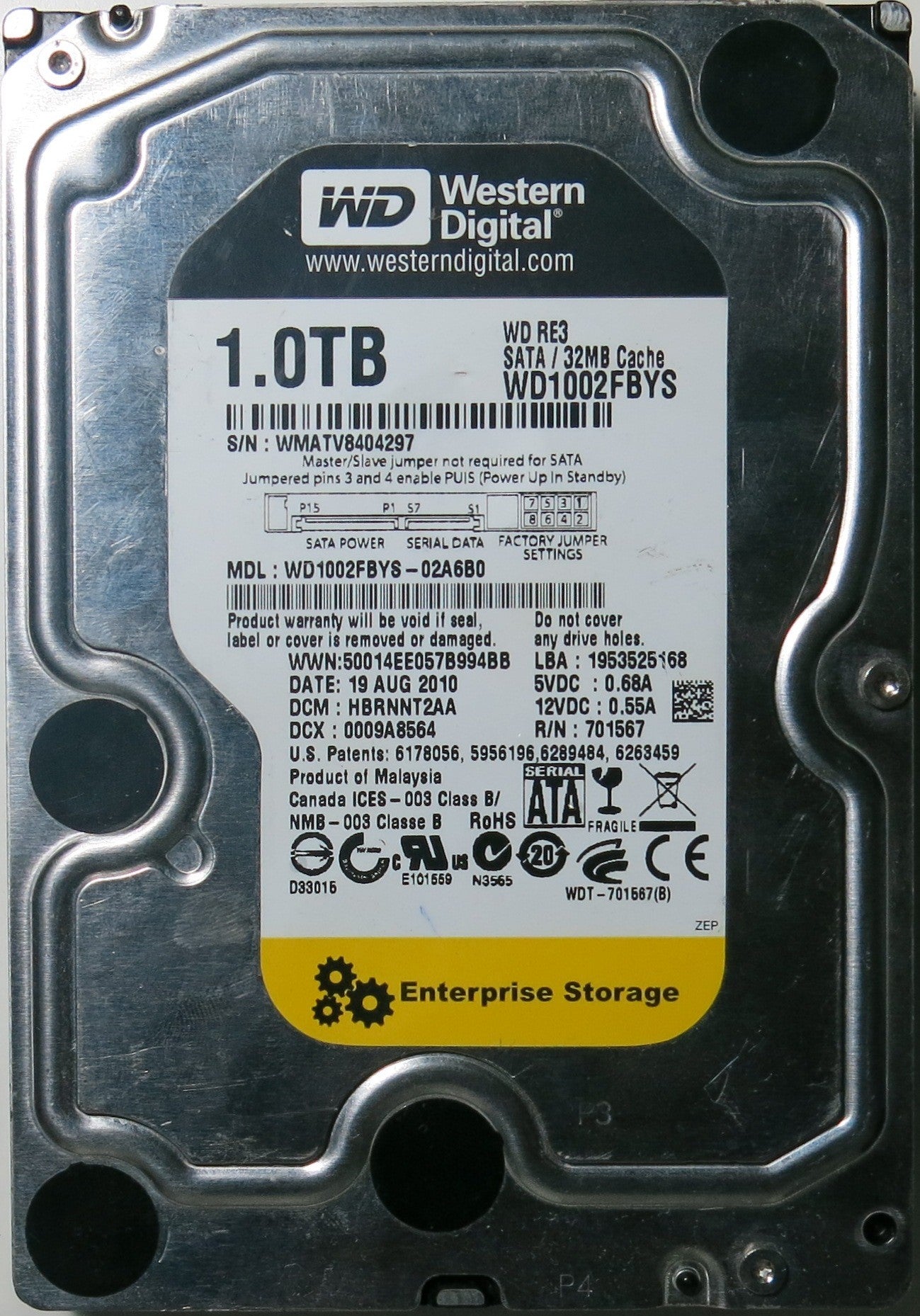 PCB: 2060-701567-000 REV A MODEL: WD1002FBYS-02A6B0 SERIAL: WMATV8404297 DCM HBRNNT2AA