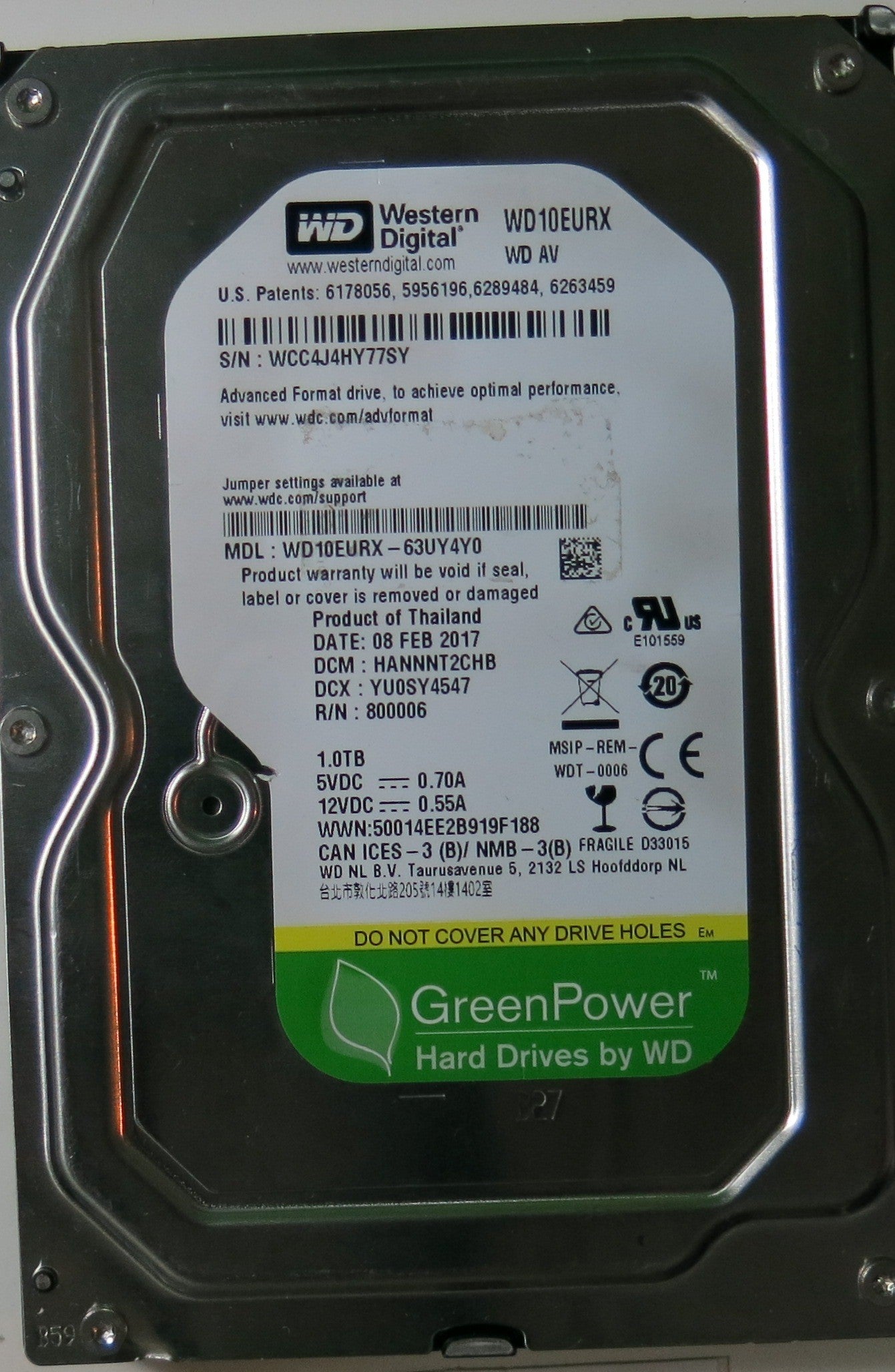 WD10EURX-63UY4Y0 PCB: 2060-800006-001 REV P1 SERIAL NUMBER: WCC4J4HY77SY 1.0TB