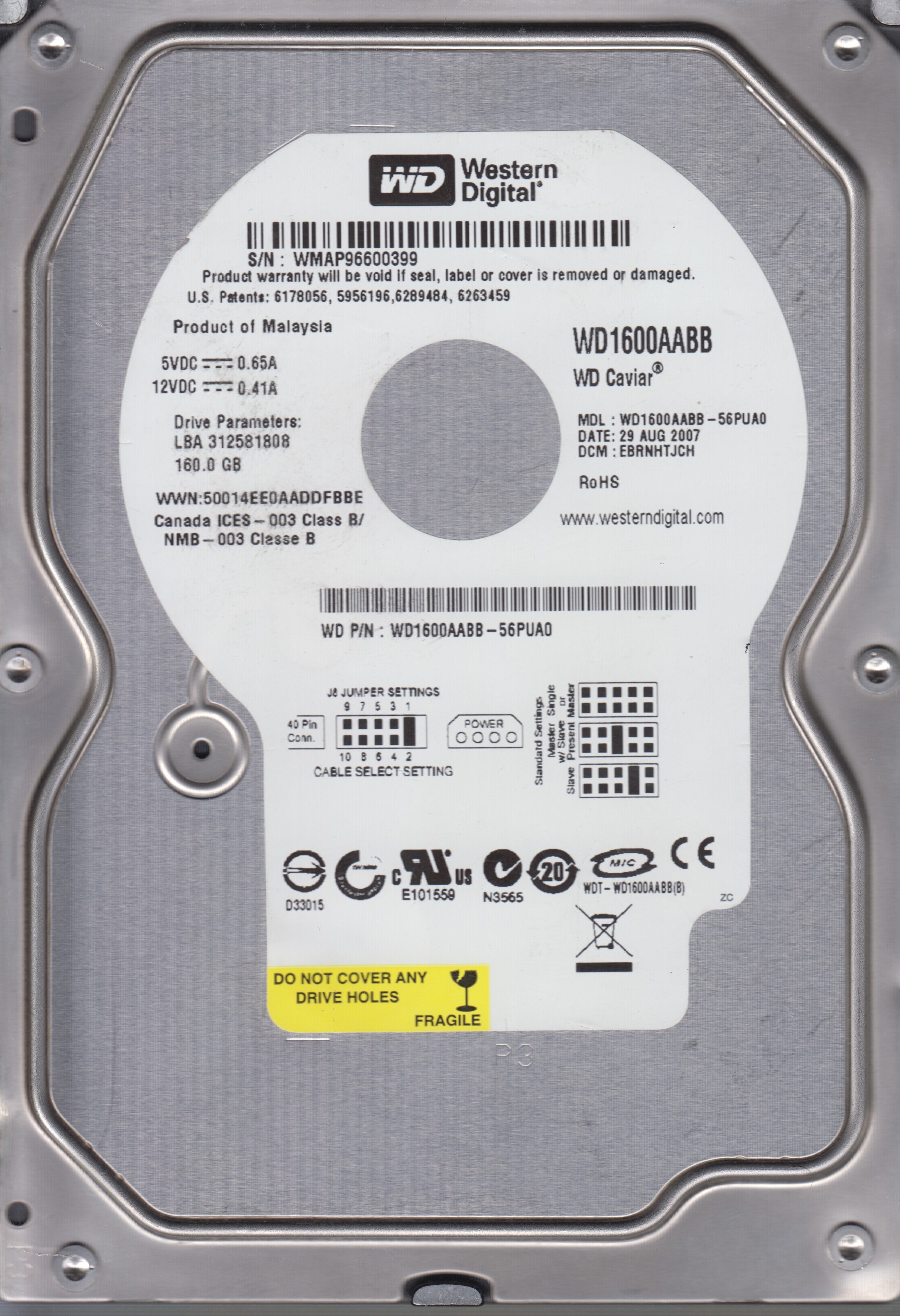 WD1600AABB-56PUA0,Serial:WMAP96600399,160GB 3.5