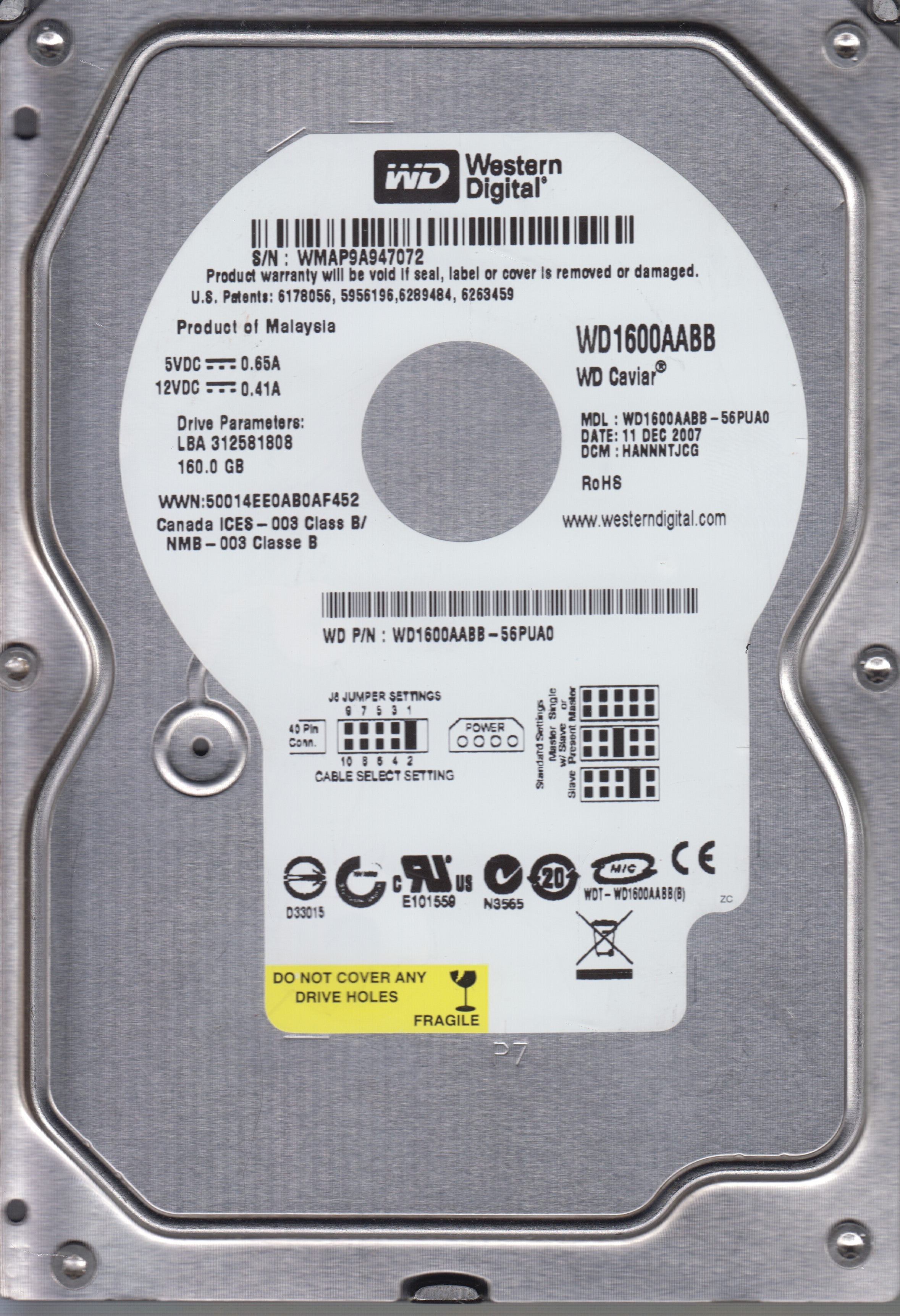 WD1600AABB-56PUA0,Serial:WMAP9A947072,160GB 3.5