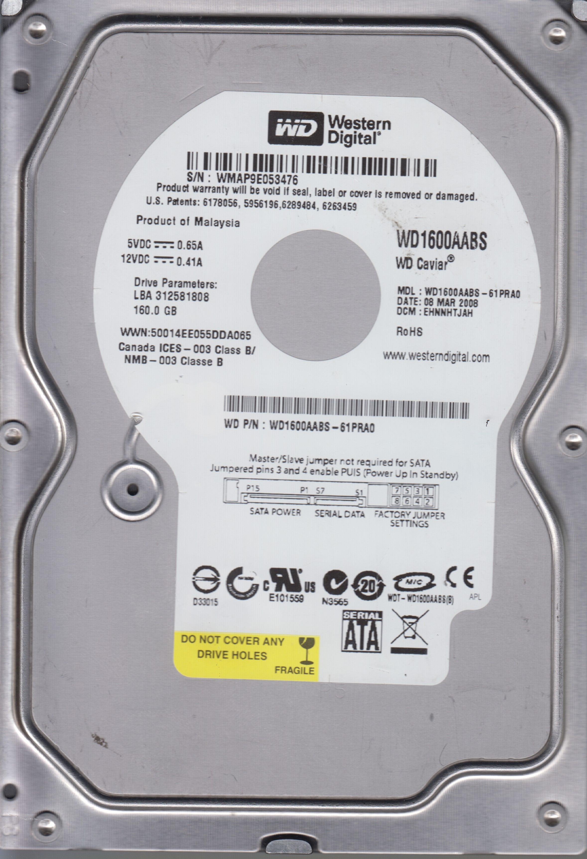 WD2500YS-01SHB1,Serial:WCANY2423063,250GB 3.5