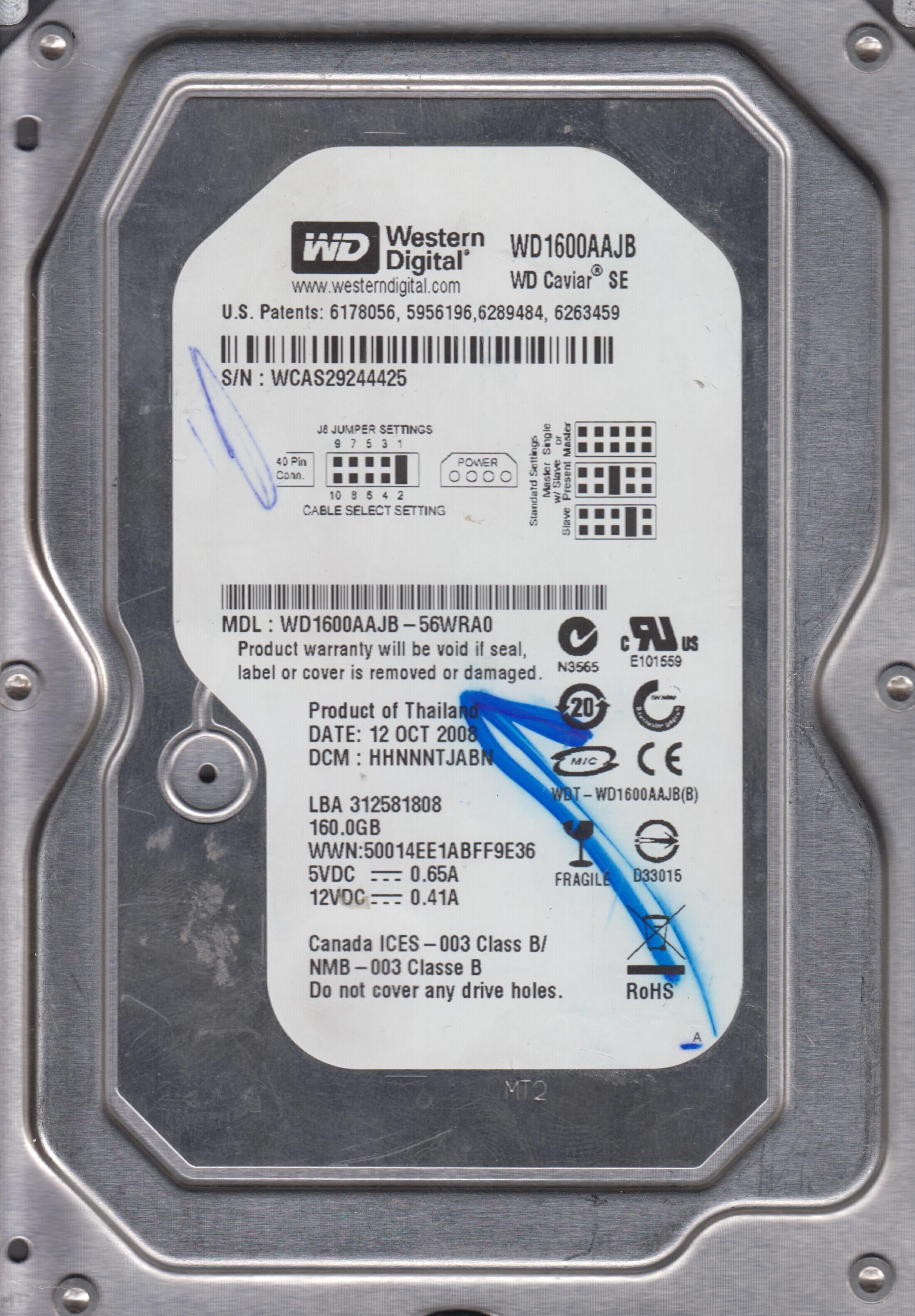 WD1600AAJB-56WRA0, Serial:WCAS29244425, 160GB 3.5