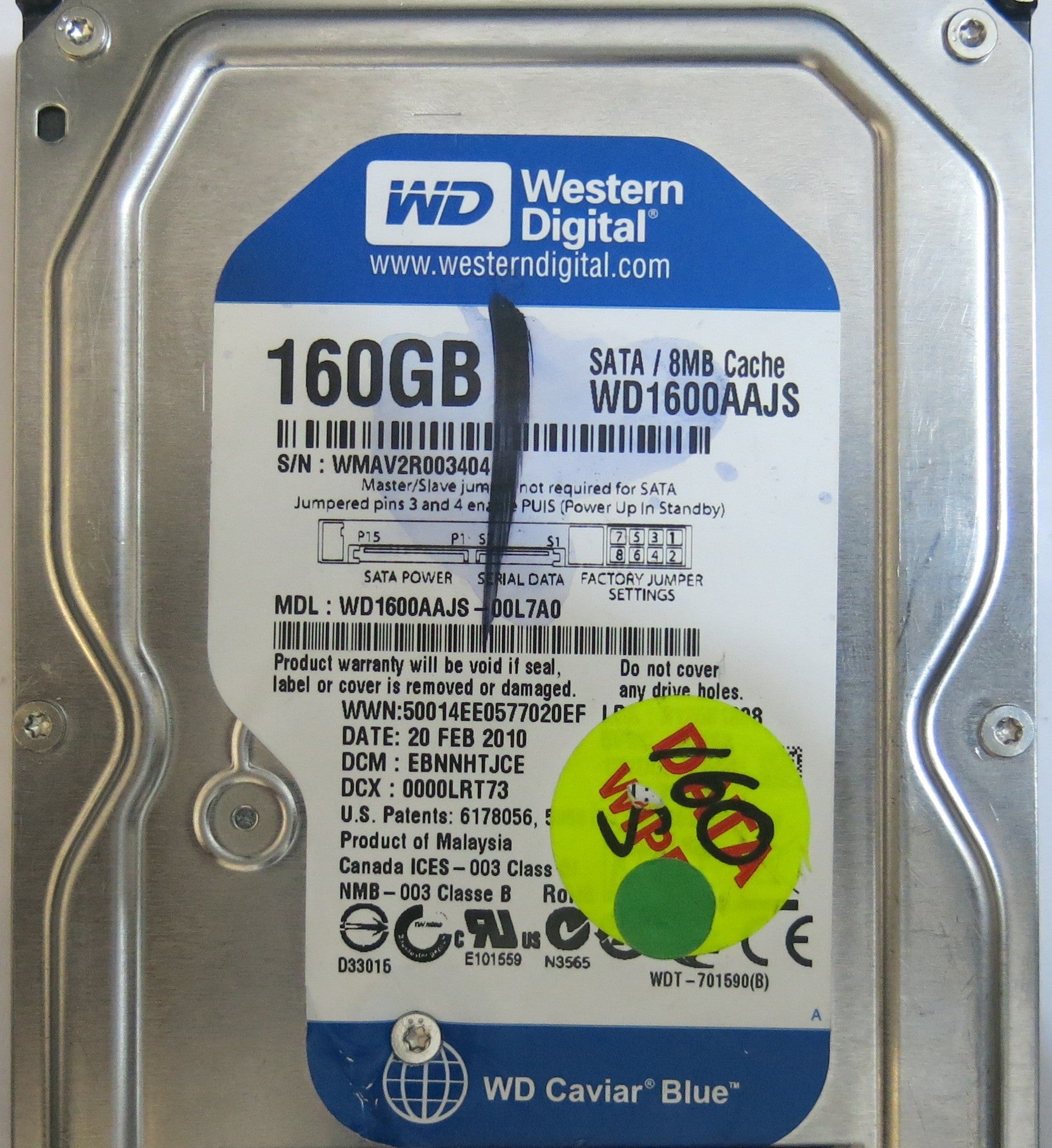 WESTERN DIGITAL WD1600AAJS-00L7A0 DCM EBNNHTJCE 2060-771640-003 REV A