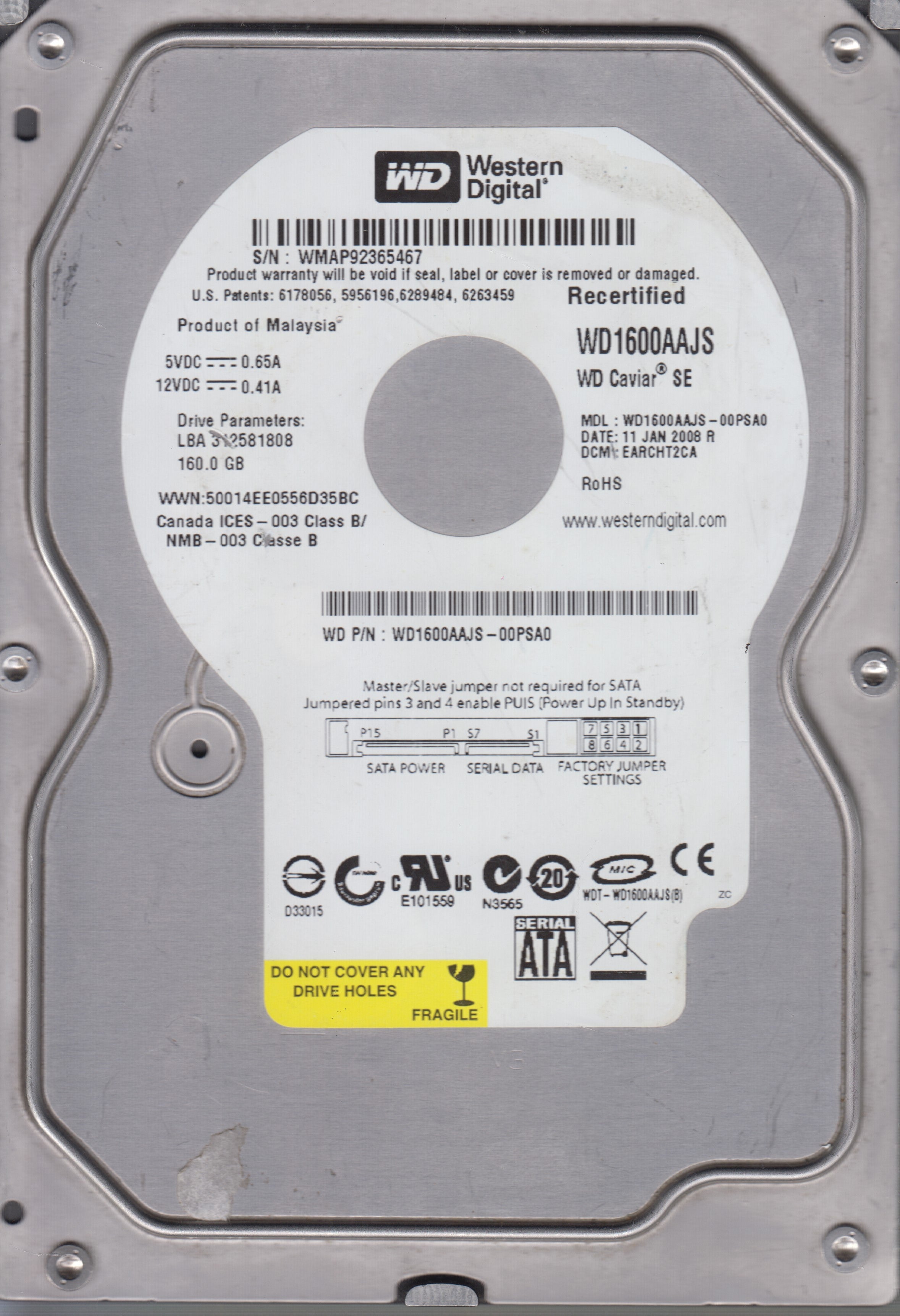 WESTERN DIGITAL WD1600AAJS-00PSA0 DCM EARCHT2CA 160GB