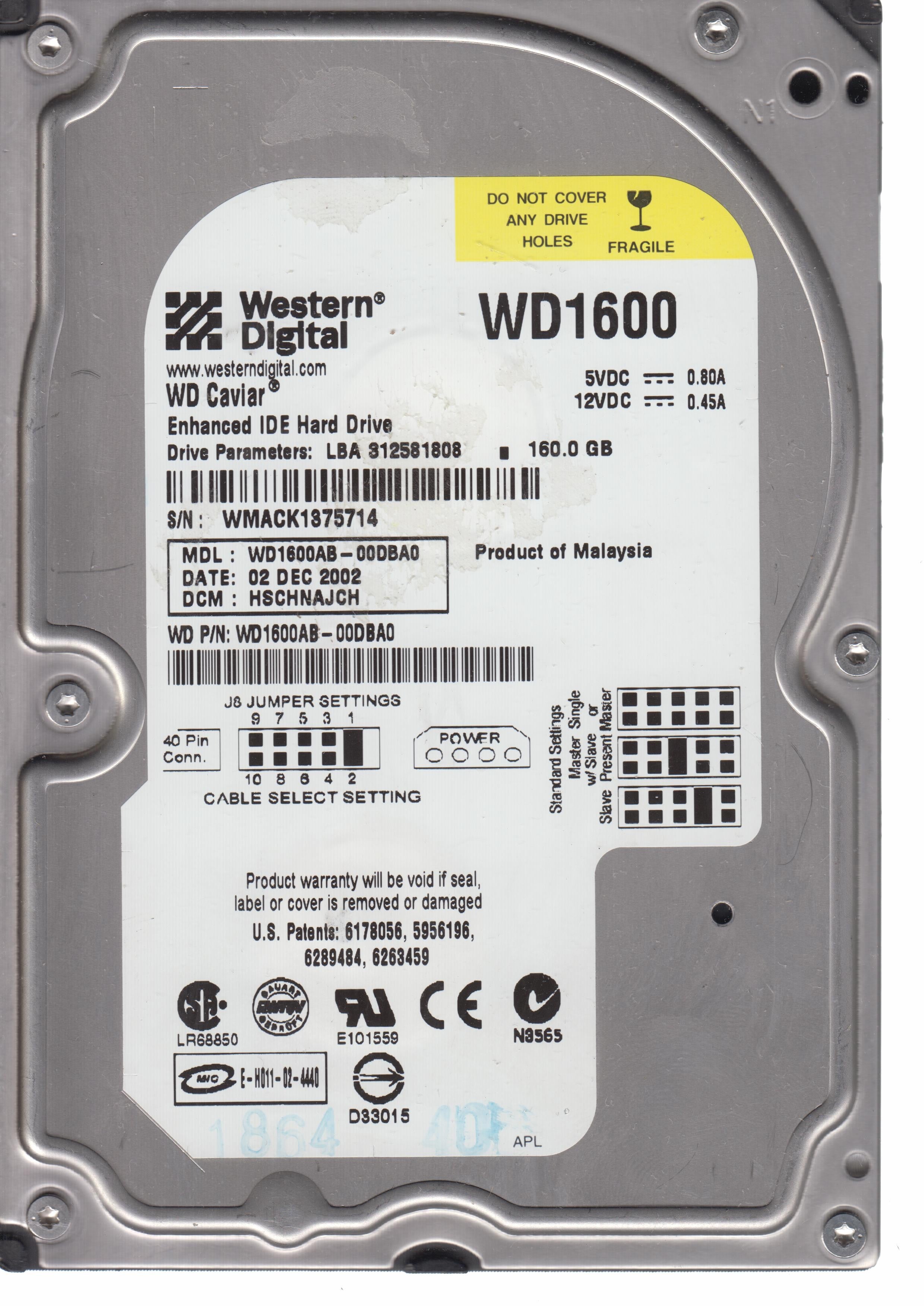 WD1600AB-00DBA0, P/N WD1600AB-00DBA0 DCM HSCHNAJCH 160GB