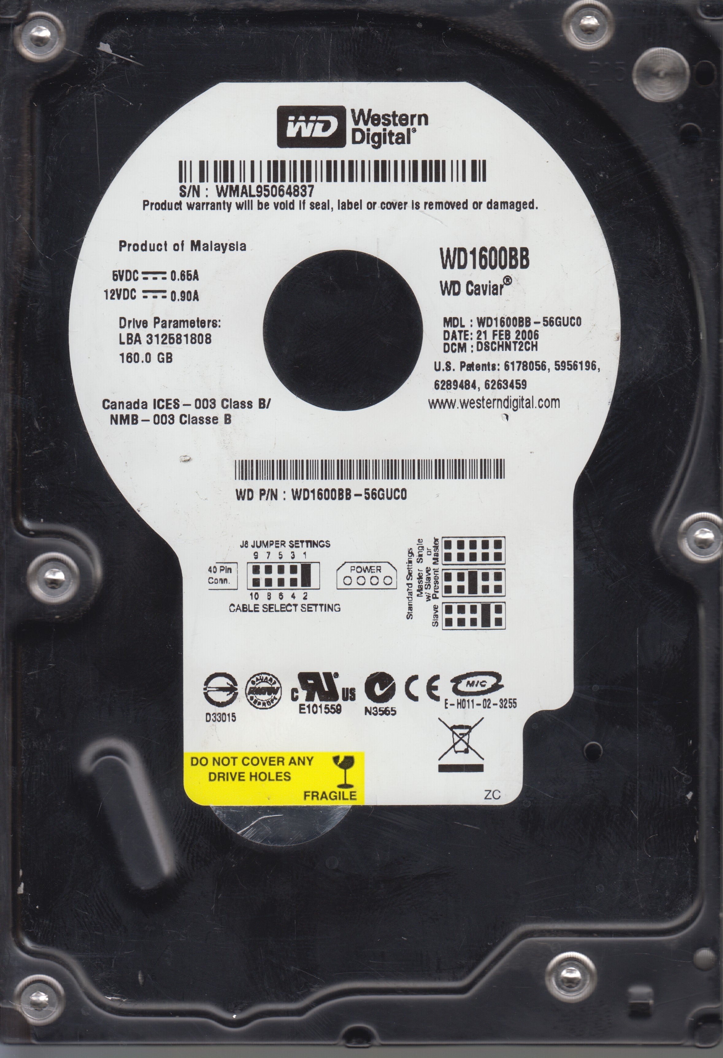 WD1600BB-56GUC0,Serial:WMAL95064837,160GB 3.5