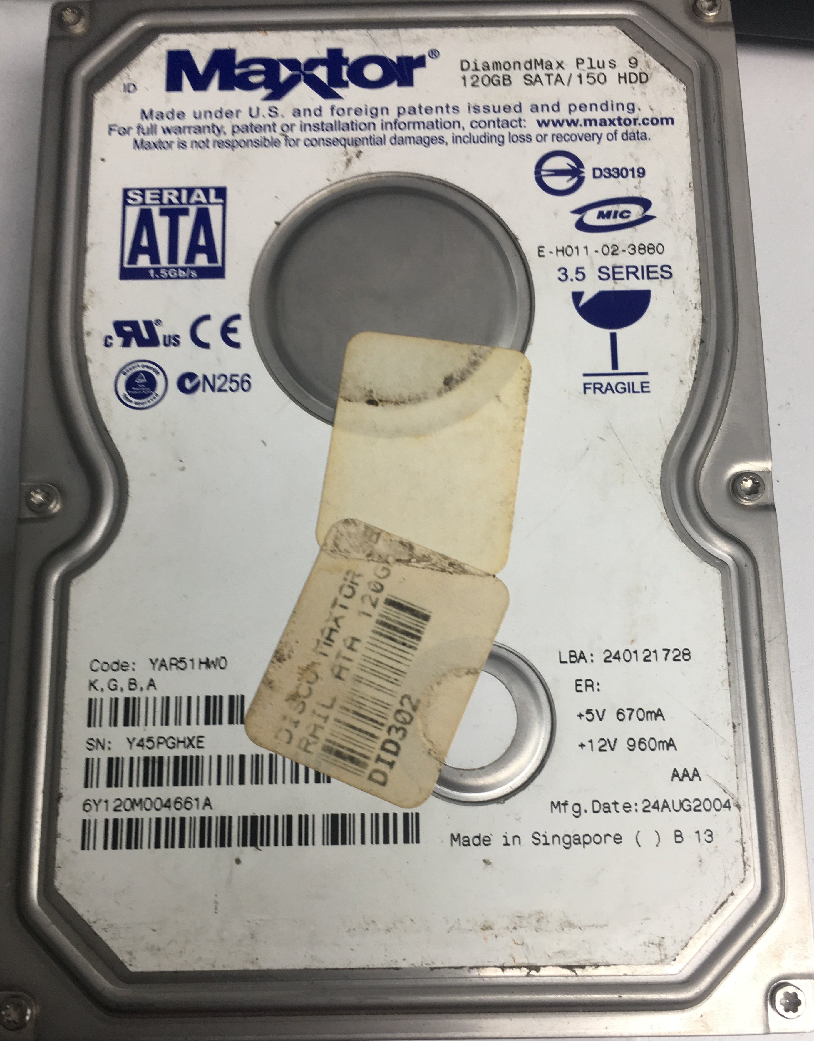 6Y120M004661AA,  Serial:Y45PGHXE,  120GB 3.5,  PCB:301861101- REV A