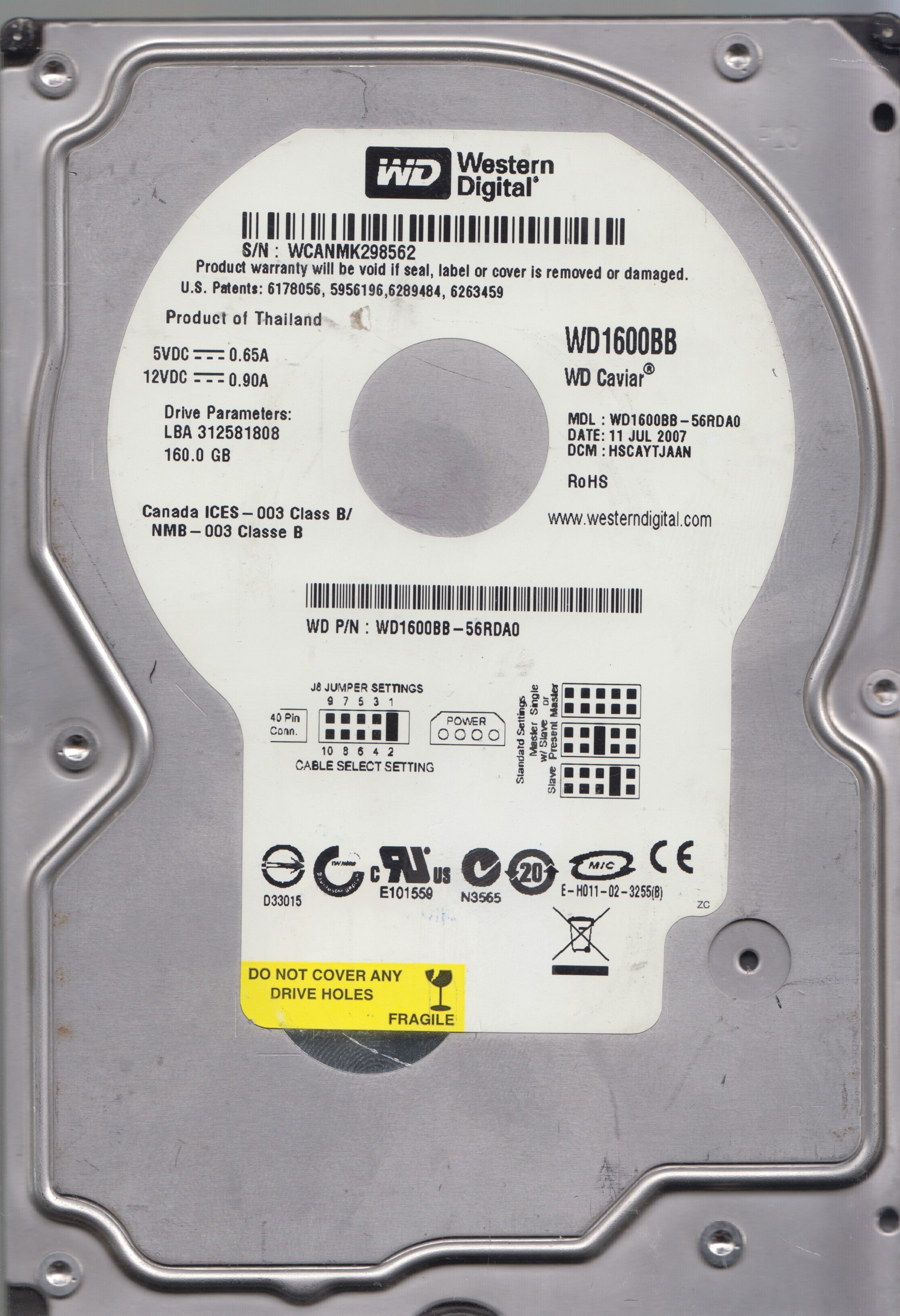WD1600BB-56RDA0,Serial:WCANMK298562,160GB 3.5