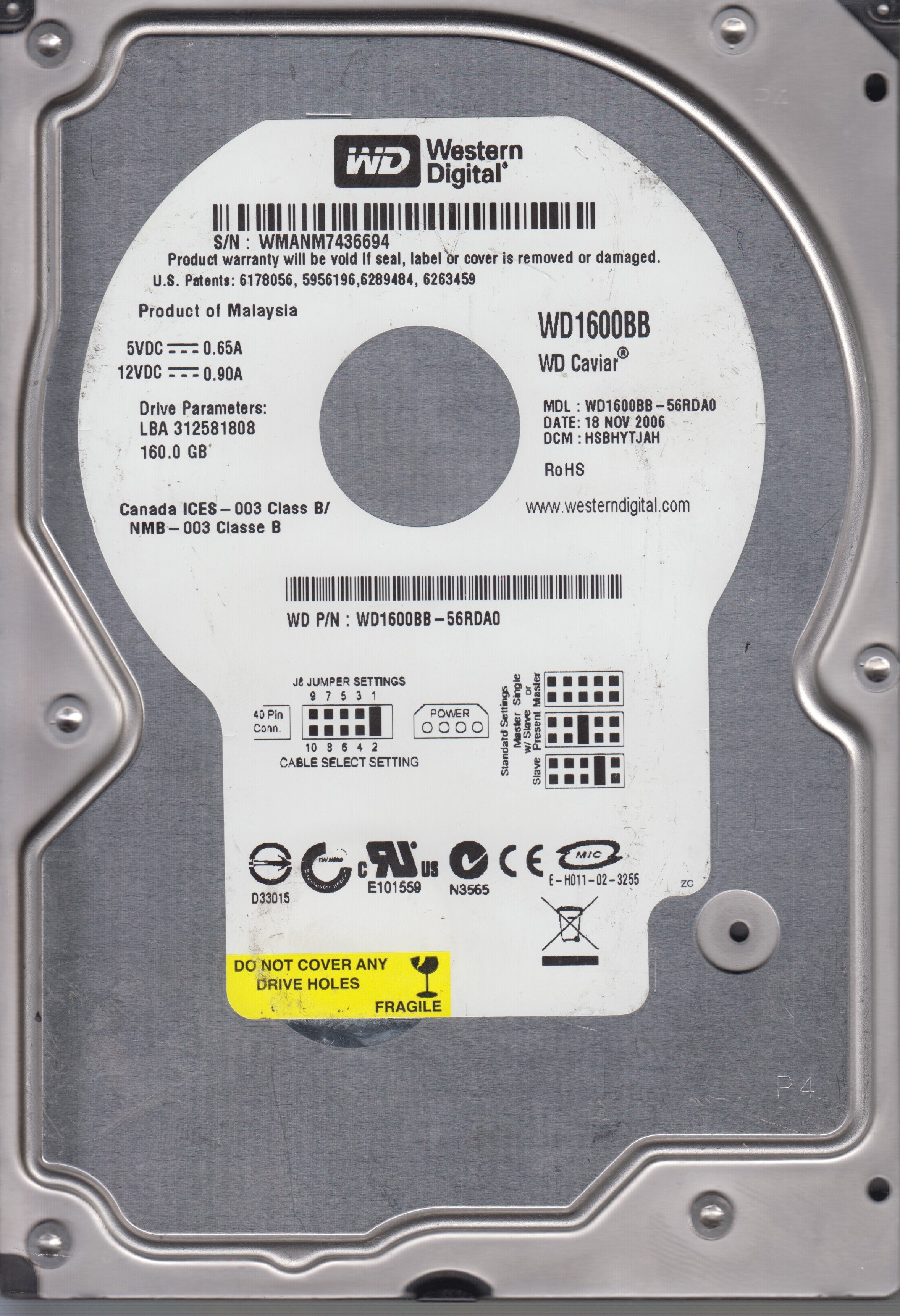 WESTERN DIGITAL WD1600BB-56RDA0 DCM HSBHYTJAH