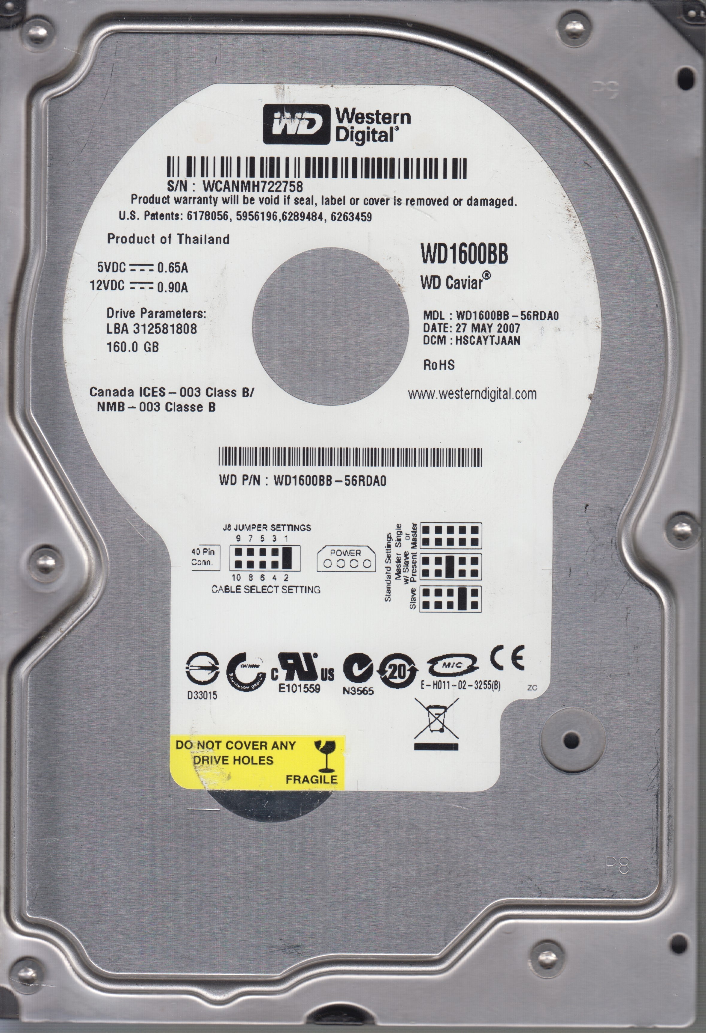 WD1600BB-56RDA0,Serial:WCANMH722758,160GB 3.5