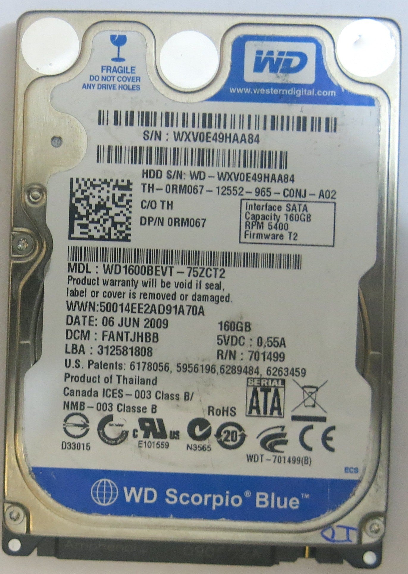 WD1600BEVT-75ZCT2, DCM:FANTJHBB, PCB: 2060-701499-005 REV P 1, SERIAL NUMBER: WXV0E49HAA84,