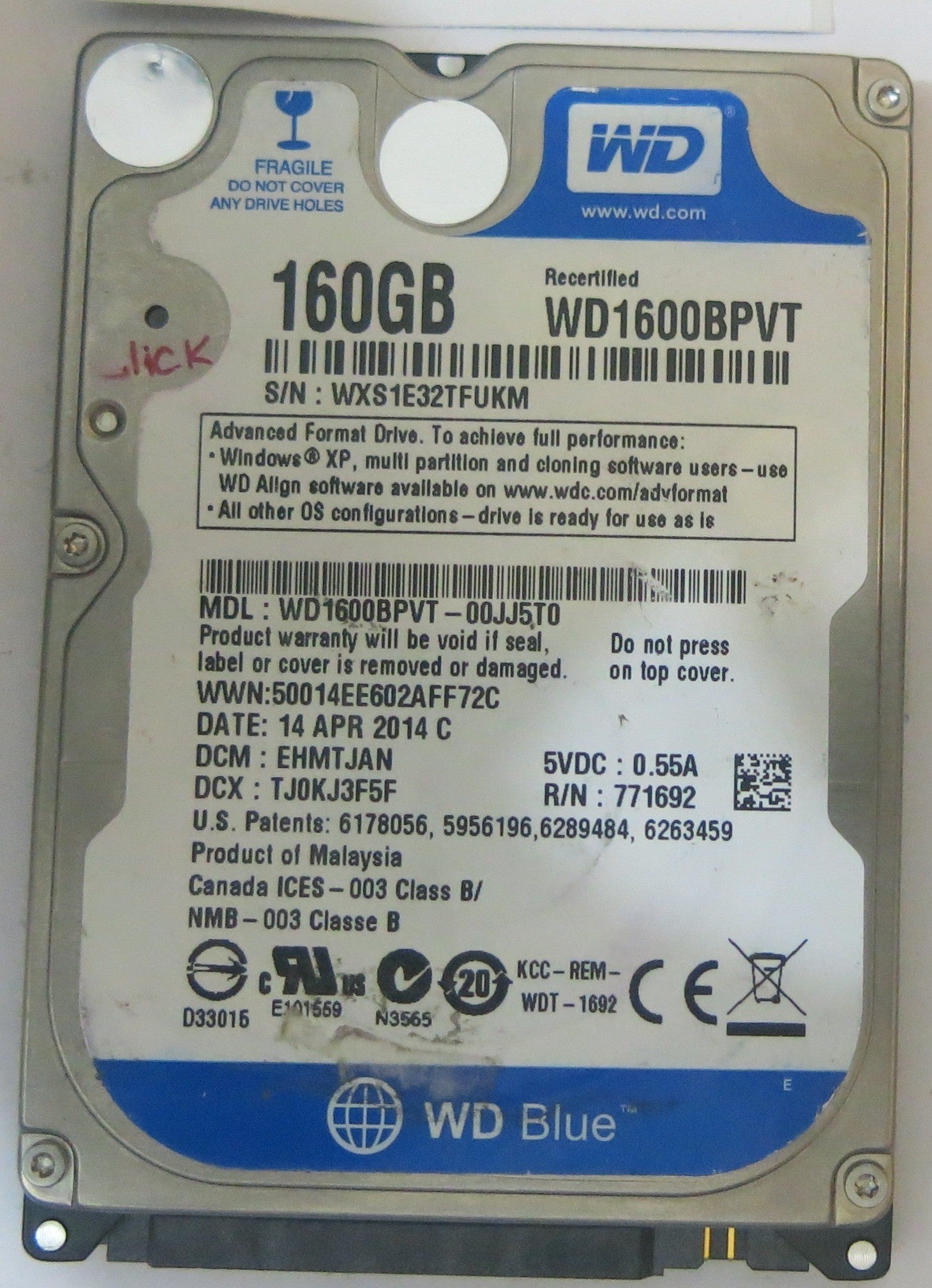 WD1600BPVT-00JJ5T0, DCM:EHMTJAN, PCB: 2060-771820-000 REV A, SERIAL NUMBER: WXS1E32TFUKM,