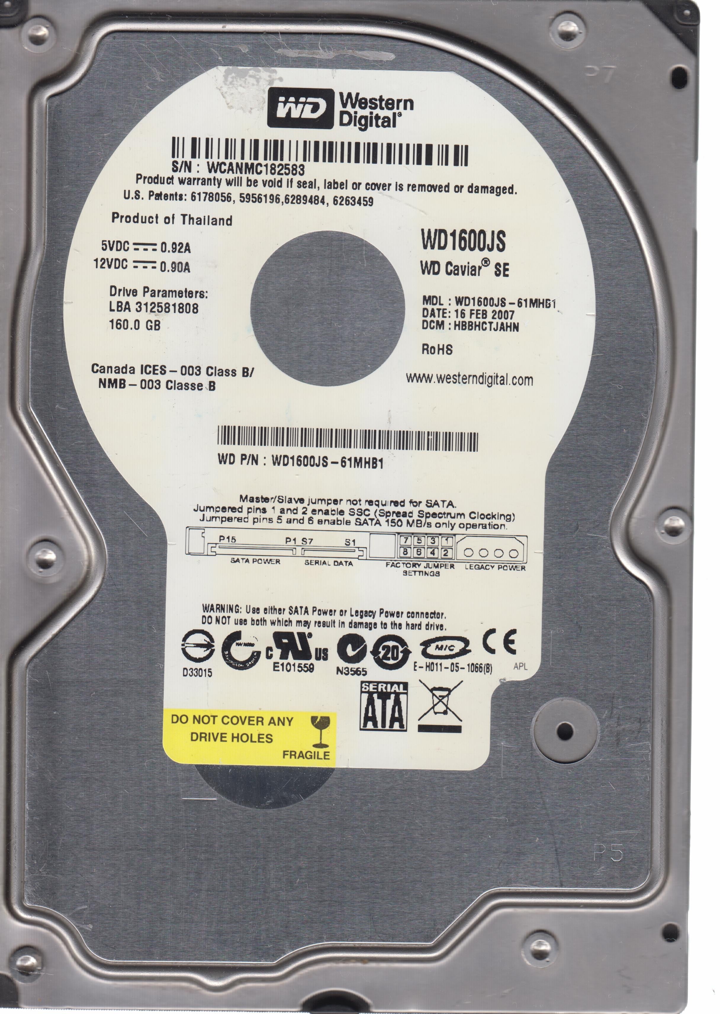 WESTERN DIGITAL WD1600JS-61MHB1 DCM HBBHCTJAHN 160GB 3.5