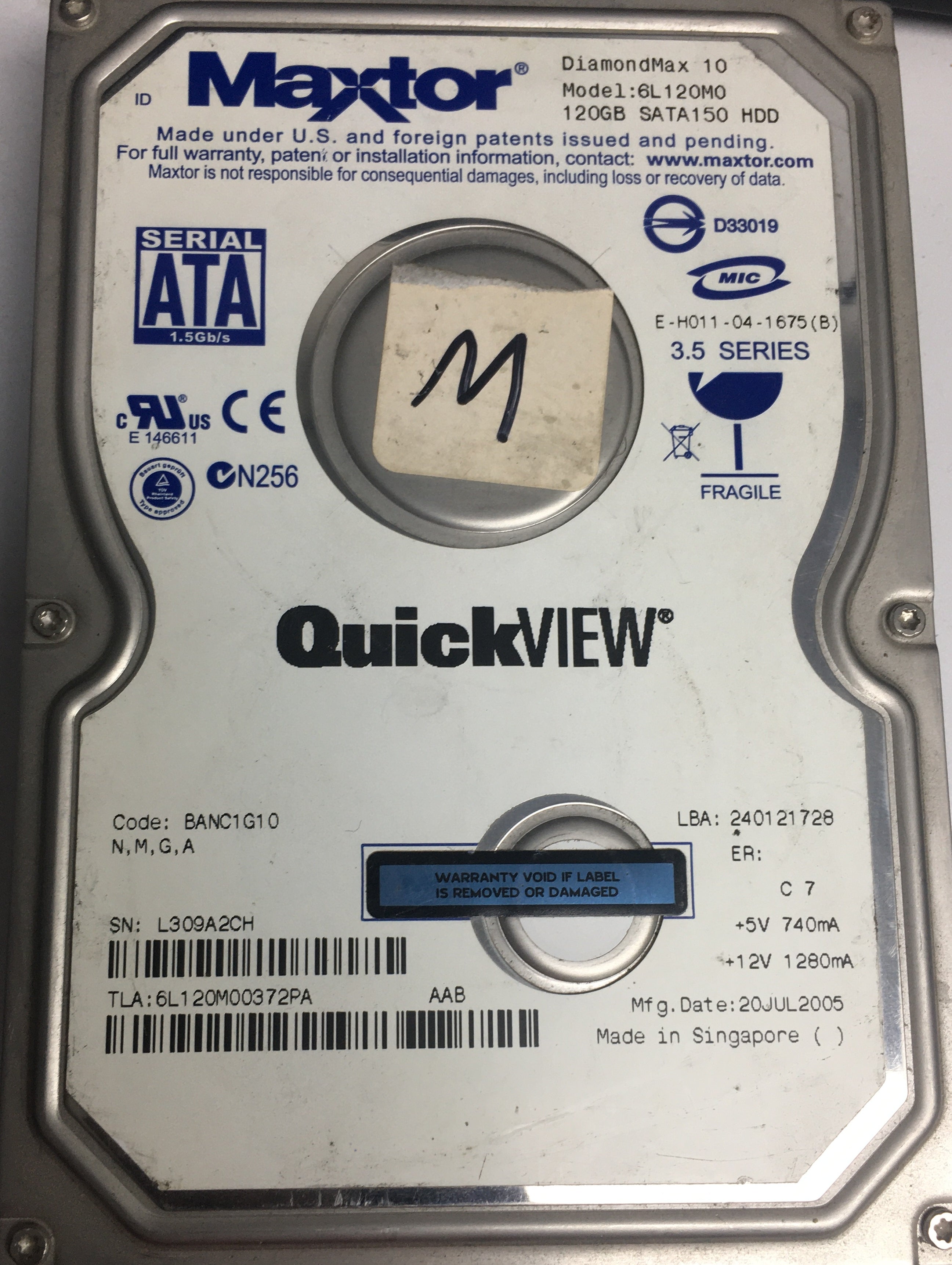 6L120M0,  Serial:L309A2CH,  120GB 3.5,  PCB:302006101- REV A
