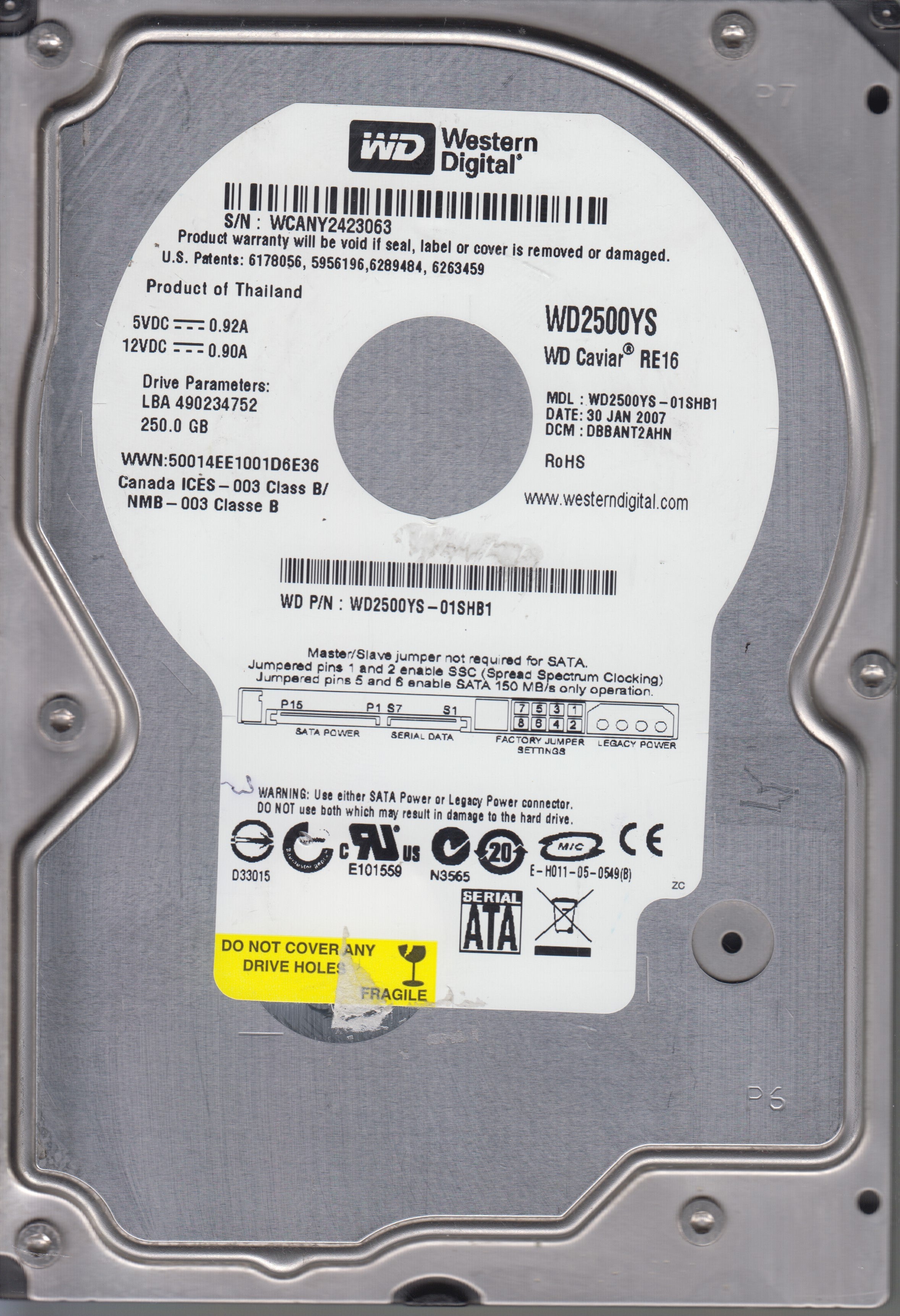 WESTERN DIGITAL WD2500YS-01SHB1 DCM DBBANT2AHN