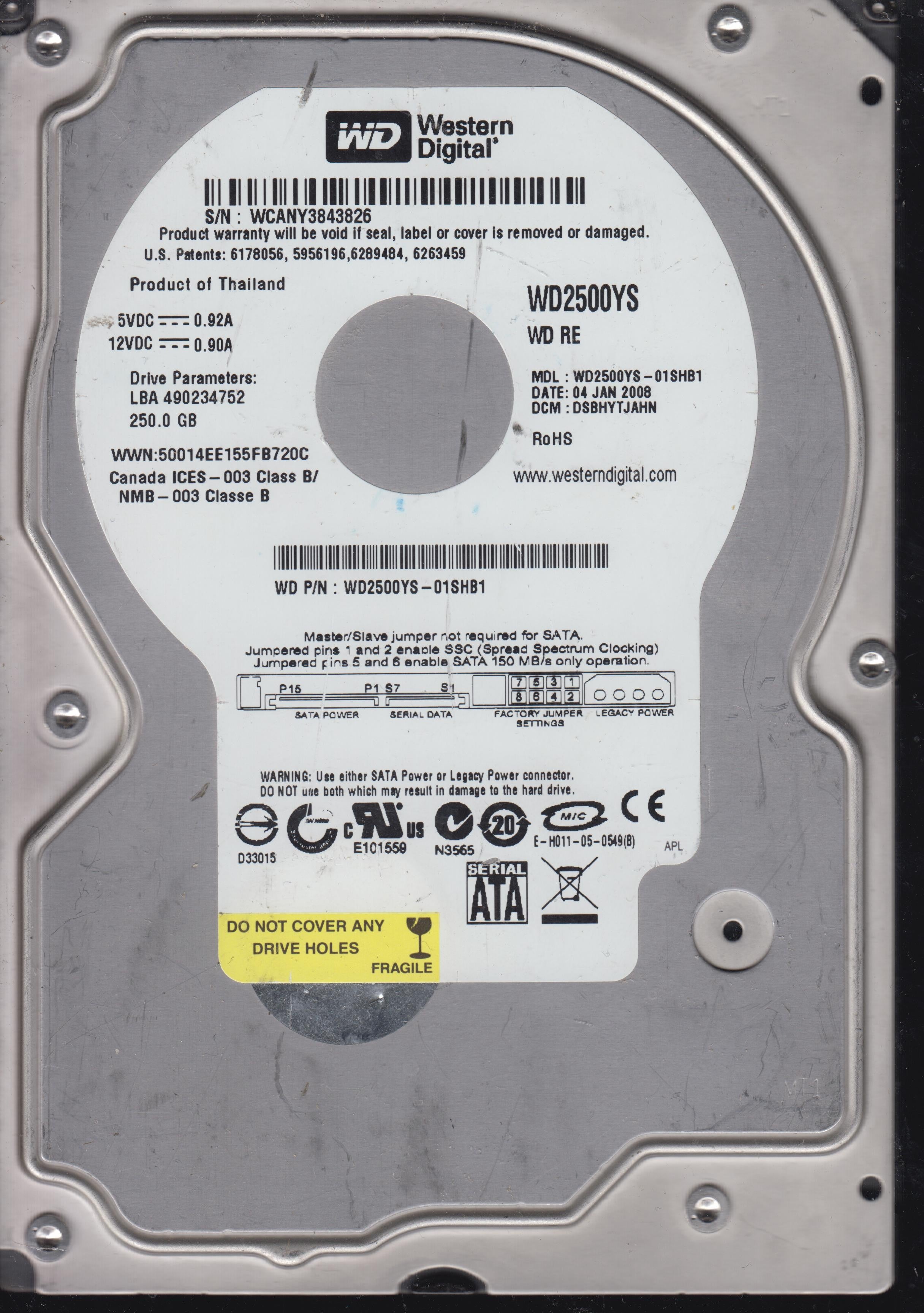 Model: WD2500YS-01SHB1,  Serial: WCANY3843826,  250GB 3.5  PCB 2060-701335-005 REV A