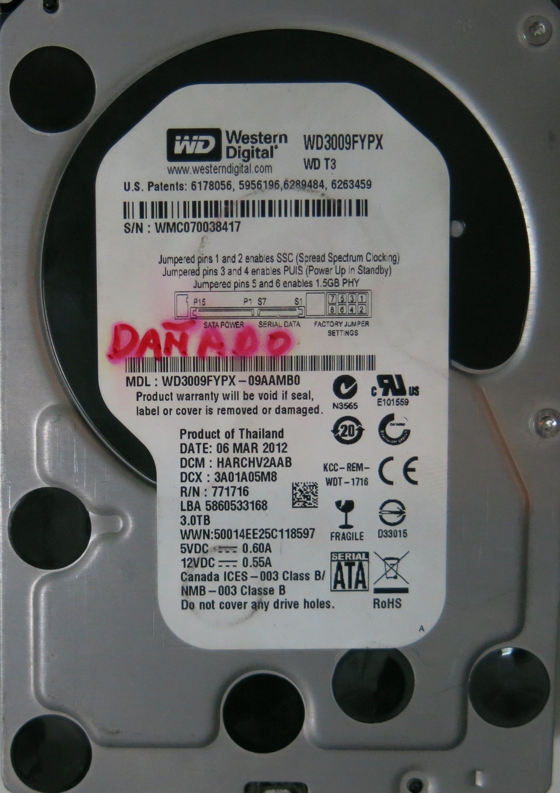 WD3009FYPX-09AAMB0 PCB: 2060-771716-001 REV A SERIAL NUMBER: WMC070038417 3.TB