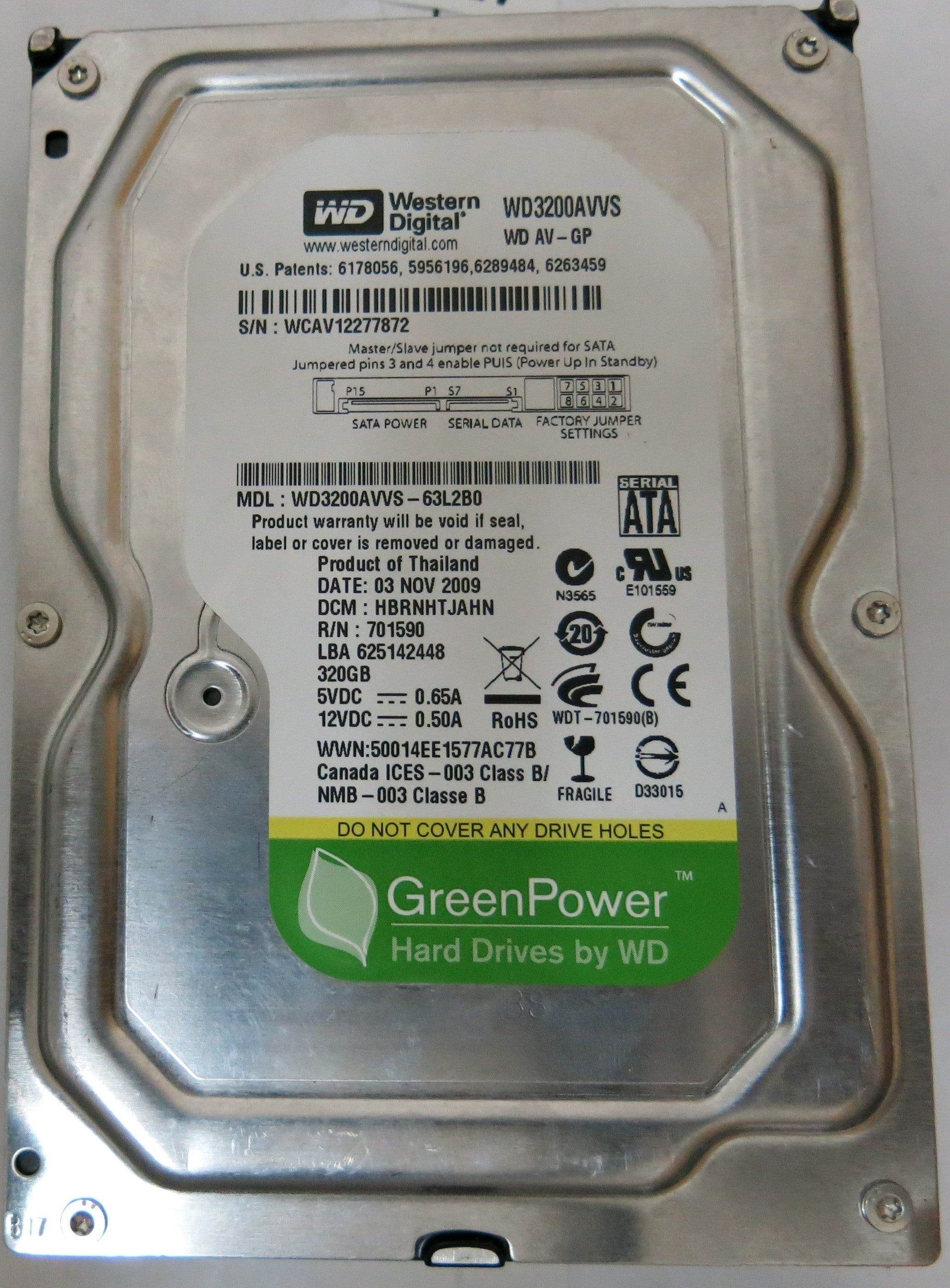 WD3200AVVS-63L2B0,Serial:WCAV12277872,320GB 3.5