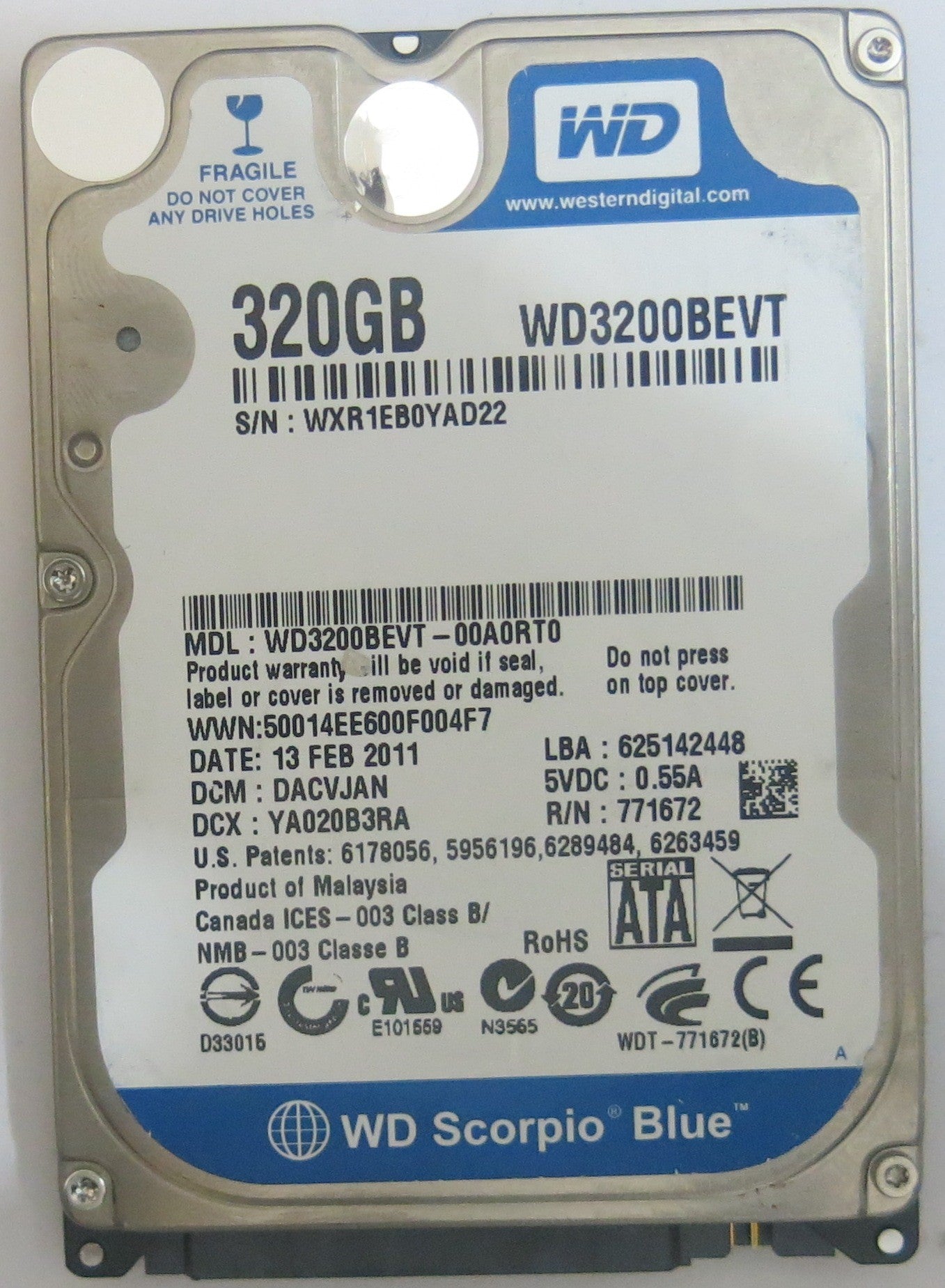 WD3200BEVT-00A0RT0, DCM: DACVJAN, SERIAL NUMBER: WXR1EB0YAD22, PCB: 2060-771672-004 REV A