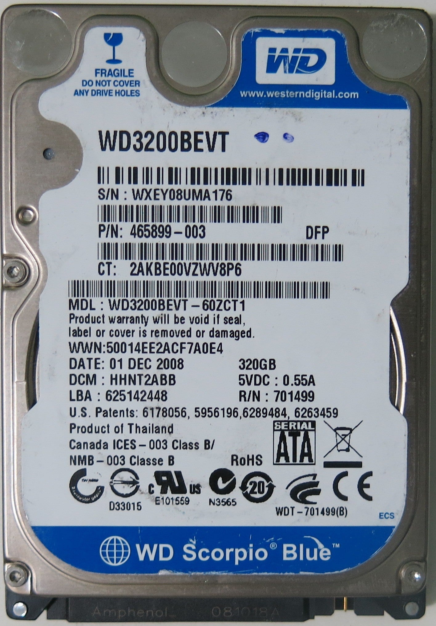 WESTERN DIGITAL WD3200BEVT-60ZCT1 PCB 2060-701499-000 REV A,  320.GB