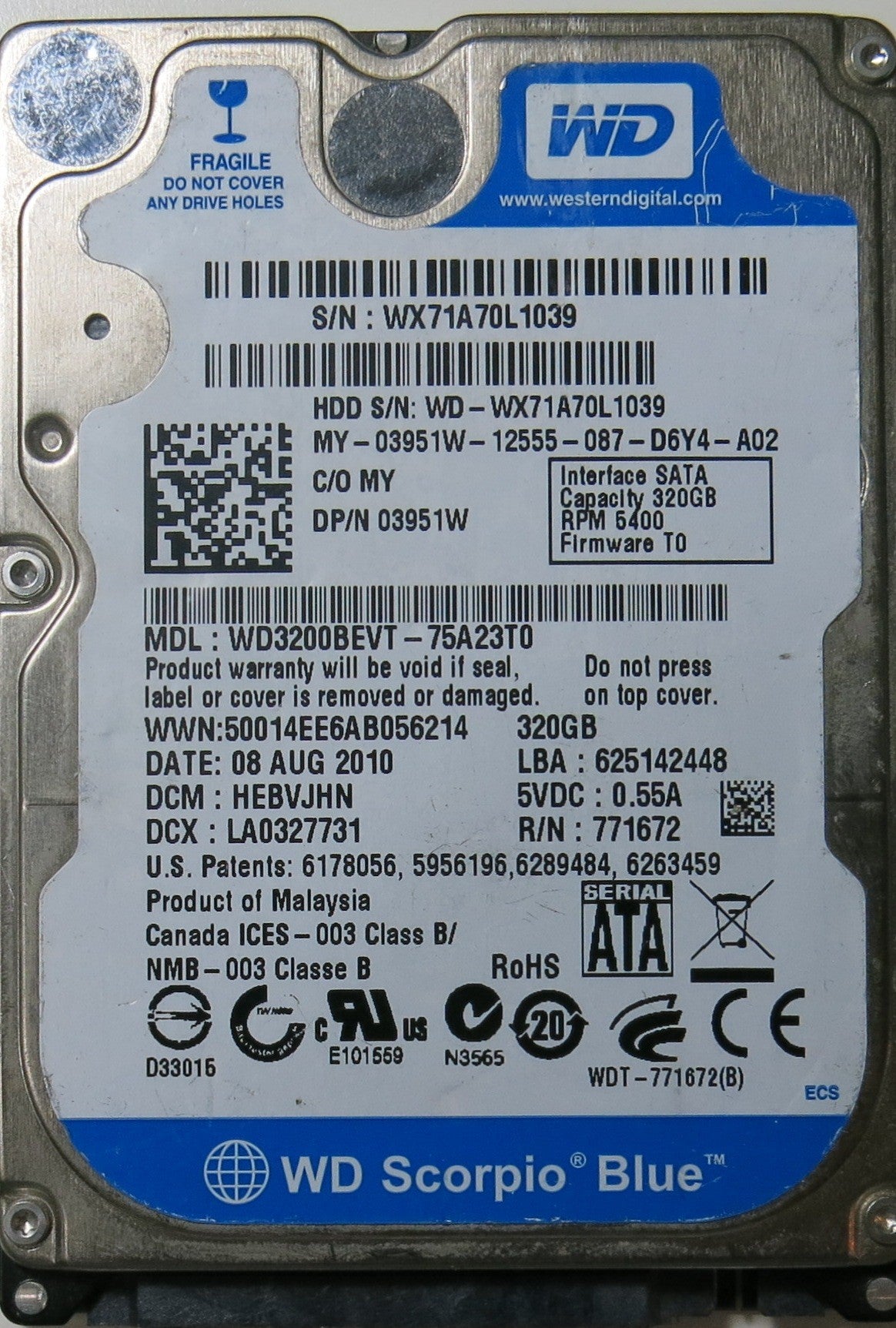 WD3200BEVT-75A23T0, PCB: 2060-771672-004 REV A, SERIAL: WX71A70L1039, DCM HEBVJHN, FW HEBVJHN, 320.GB,