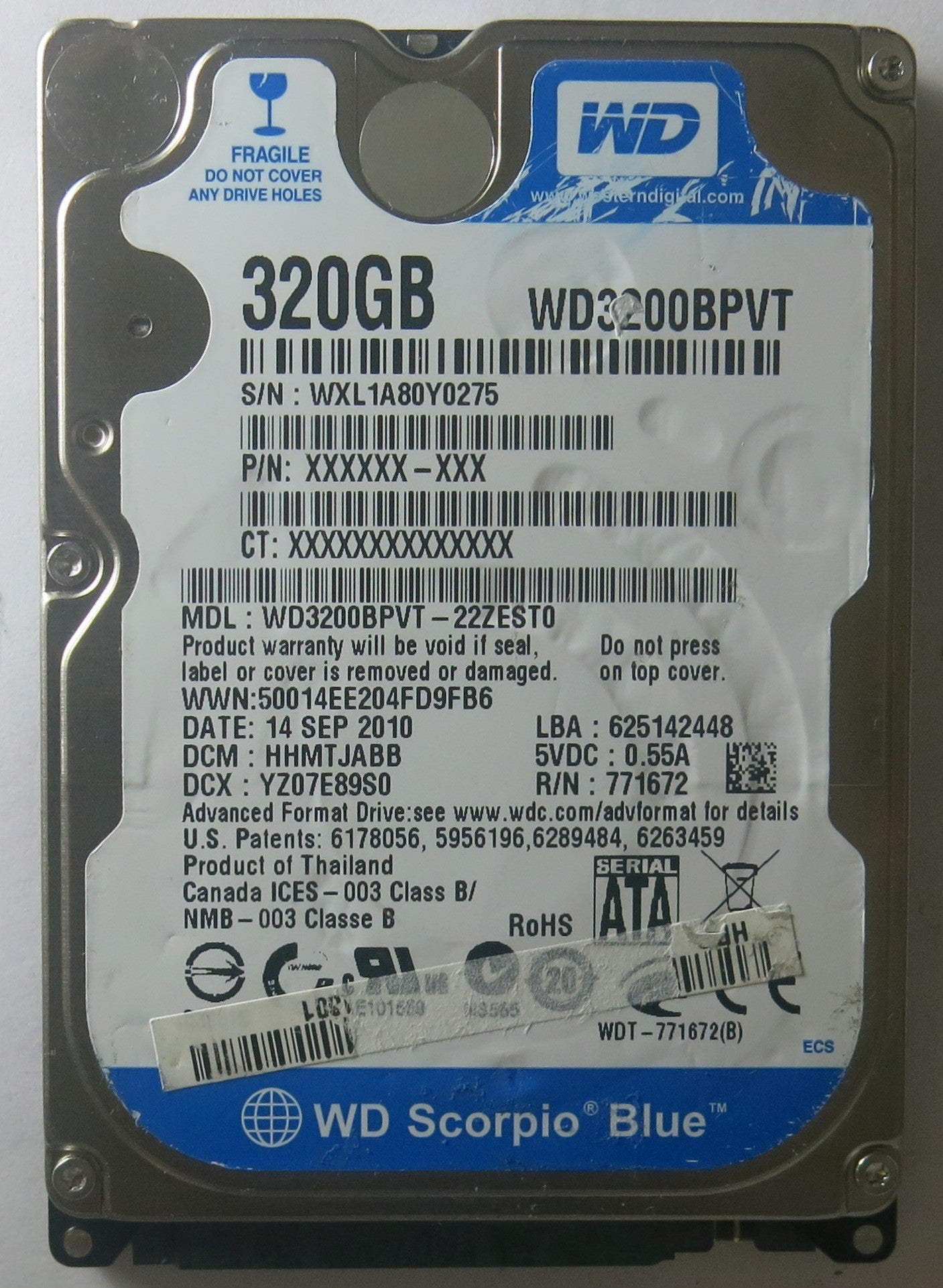 WD3200BPVT-22ZEST0, DCM: HHMTJABB, SERIAL NUMBER: WXL1A80Y0275, PCB: 2060-7716-004 REV A