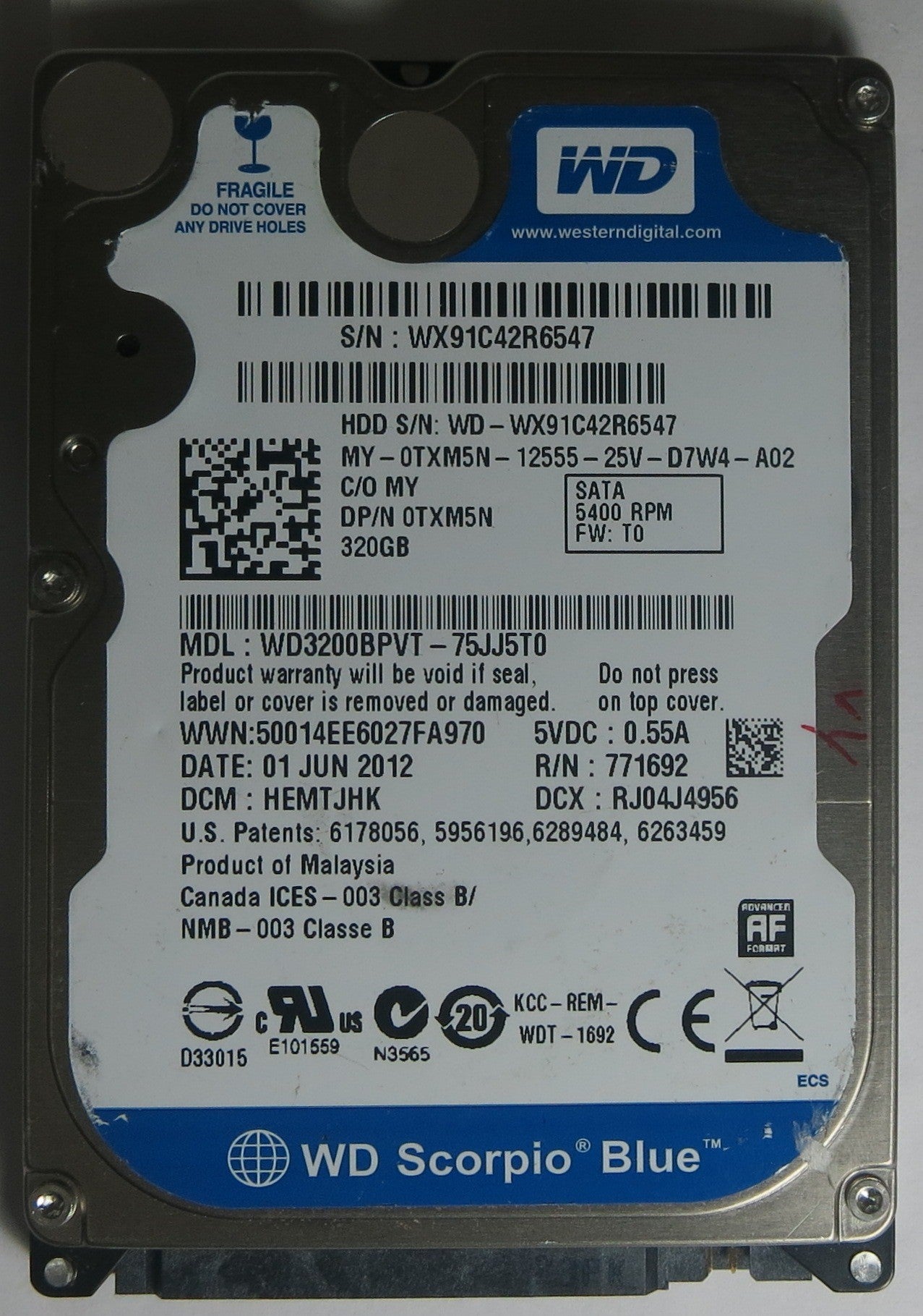 WESTERN DIGITAL WD3200BPVT-75JJ5T0 DCM HEMTJHK 320GB