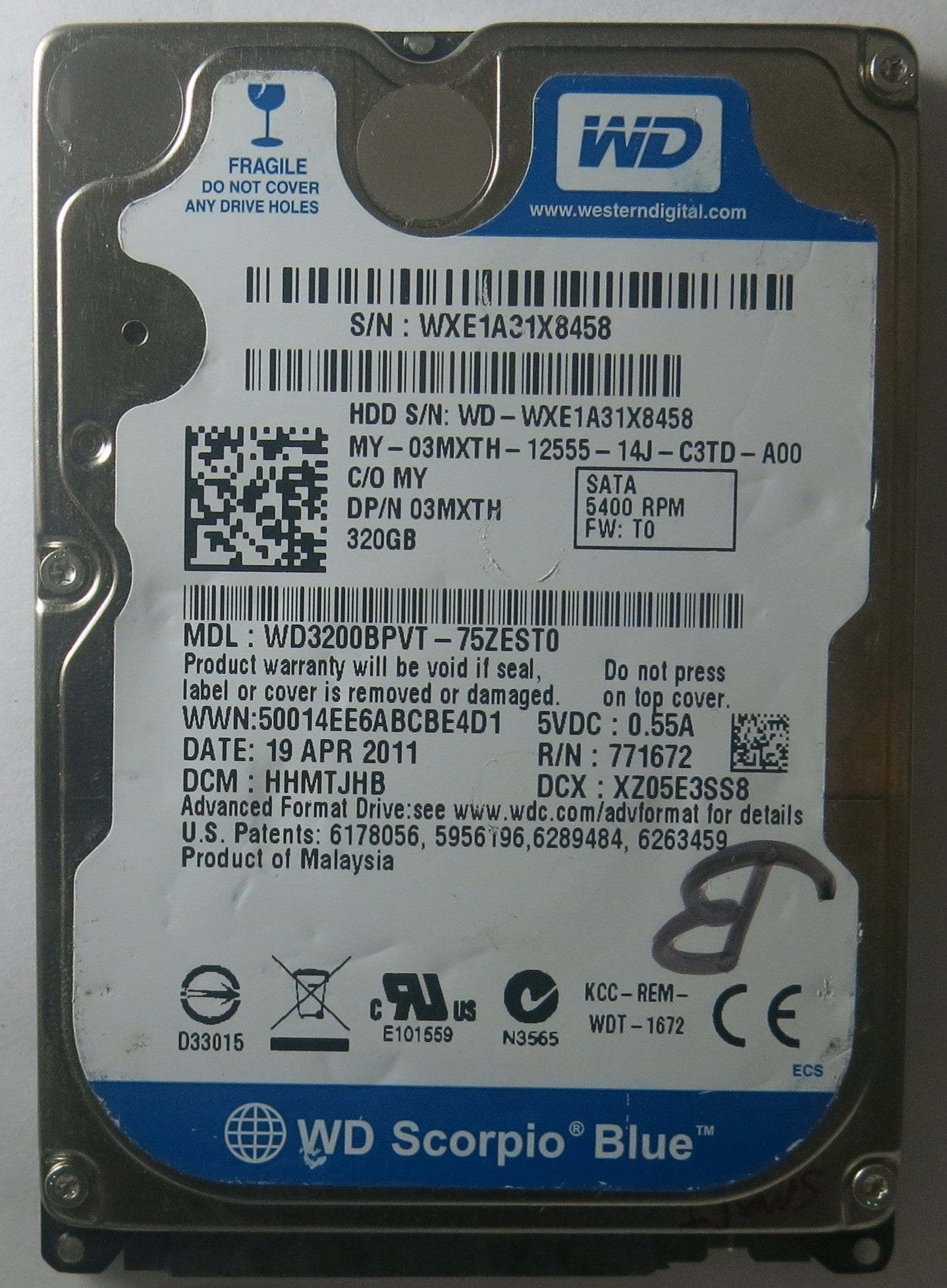 WD3200BPVT-75ZEST0, DCM: HHMTJHB, PCB: 2060-771672-004 REV A, SERIAL NUMBER: WXE1A31X8458,