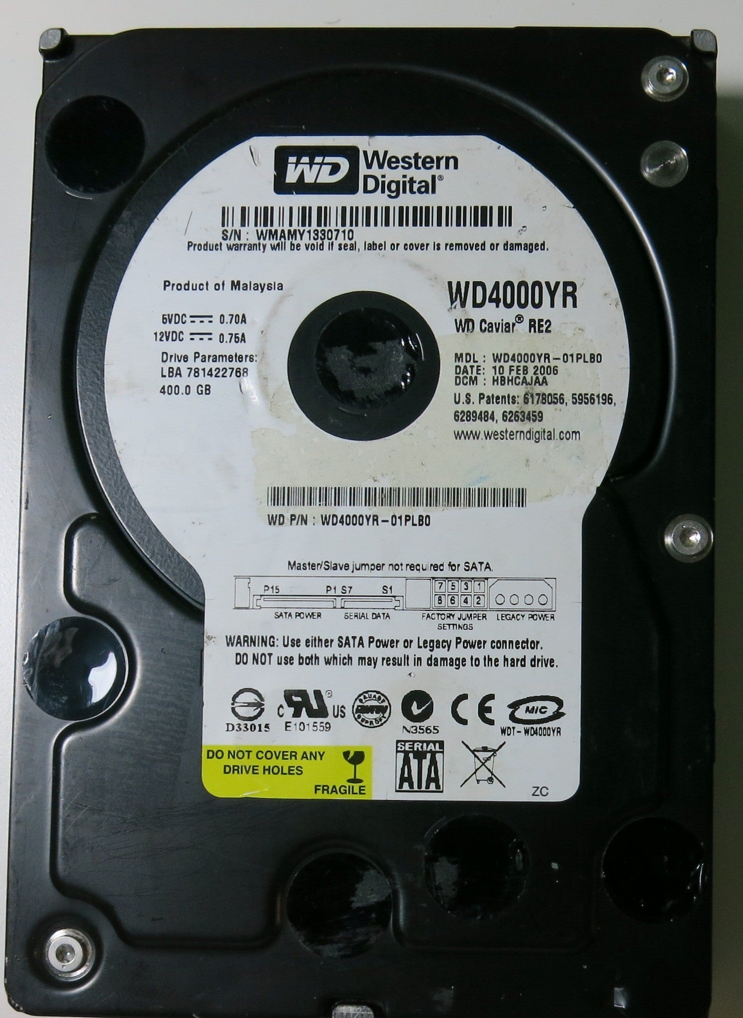 WDA000YR-01PLB0,  Serial:WMAMY1330710,  400GB 3.5,  PCB:2060-701310-004- REV A