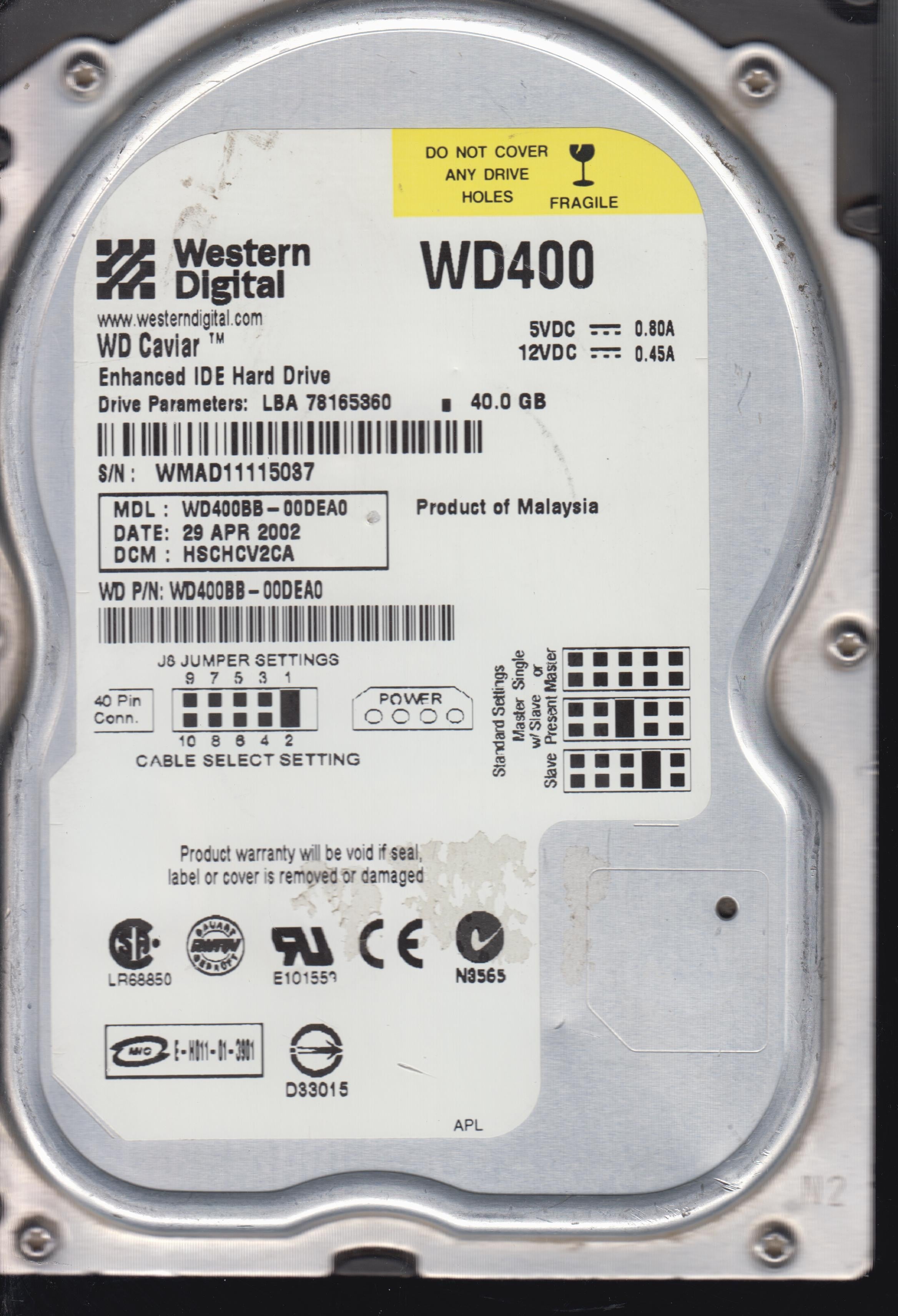WD400BB-00DEAO, DCM HSCHCV2CA 40GB 3.5