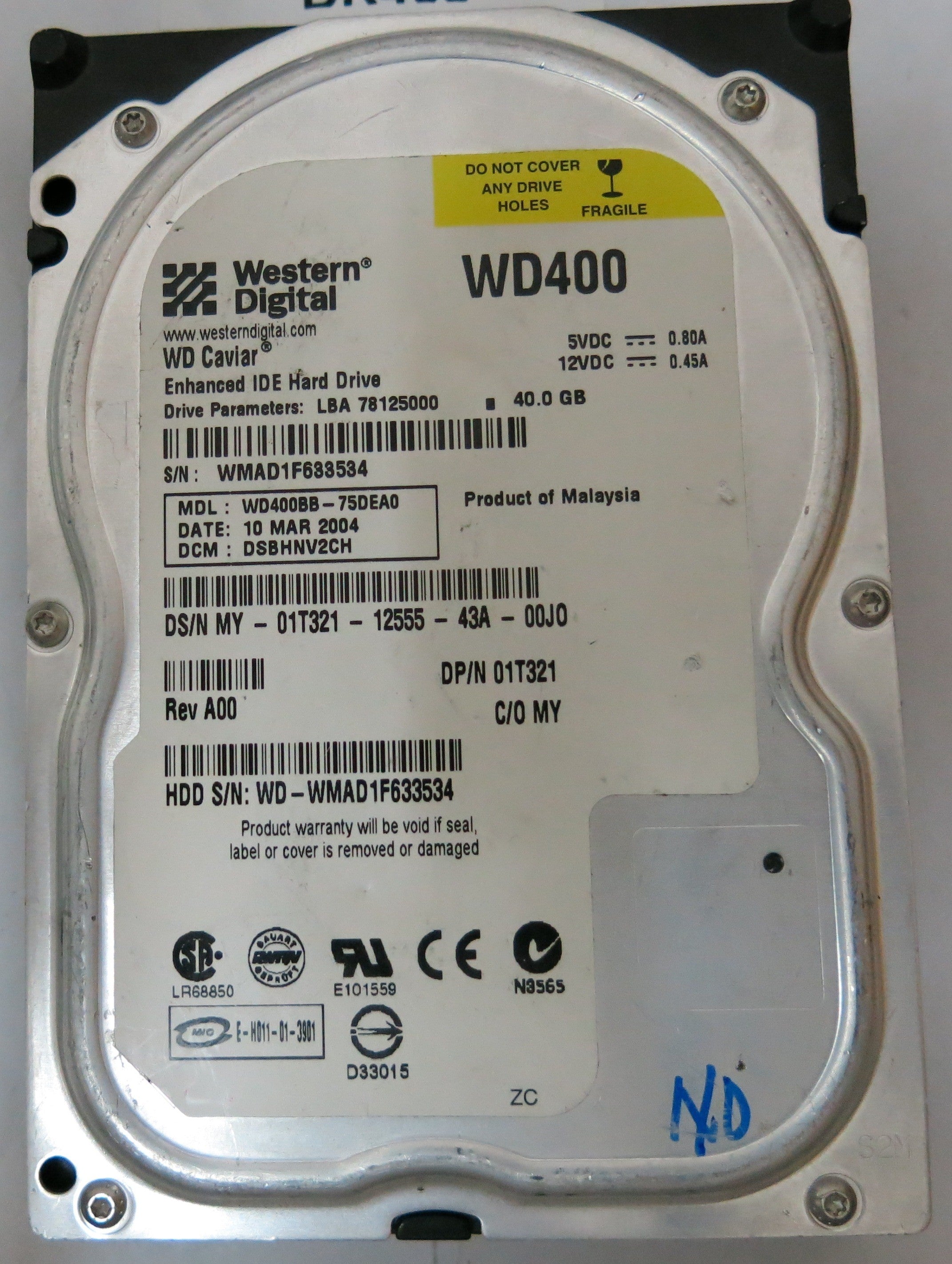 WD400BB-75DEA0,  Serial:WMAD1F633534,  40GB 3.5,  PCB:2060-001129-001- REV A,