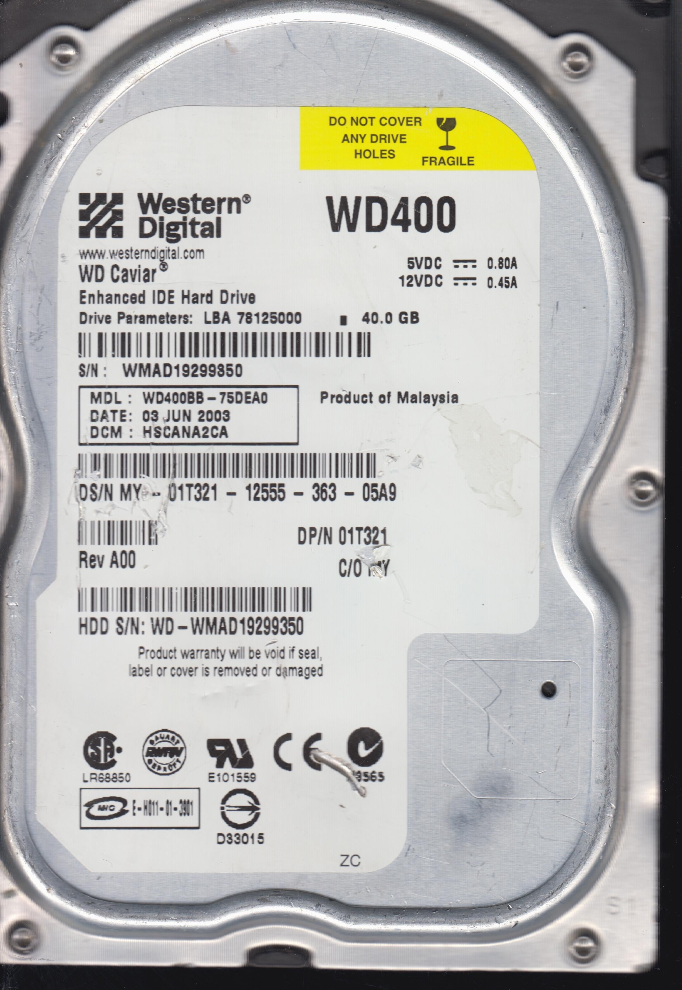 WD400BB-75DEA0 DCM HSCANA2CA 40GB 3.5