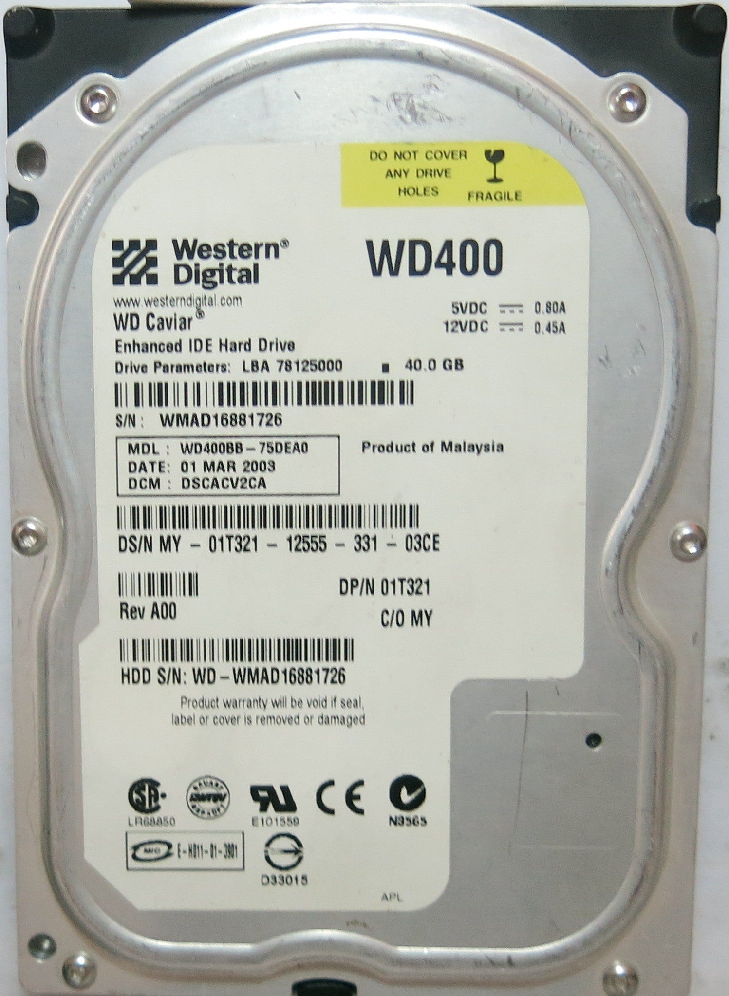 WD400BB-75DEAO PCB: 2060-001129-001 REV A SERIAL: WMAD16881726 DCM: DSCACV2CA FW DSCACV2CA  40,GB